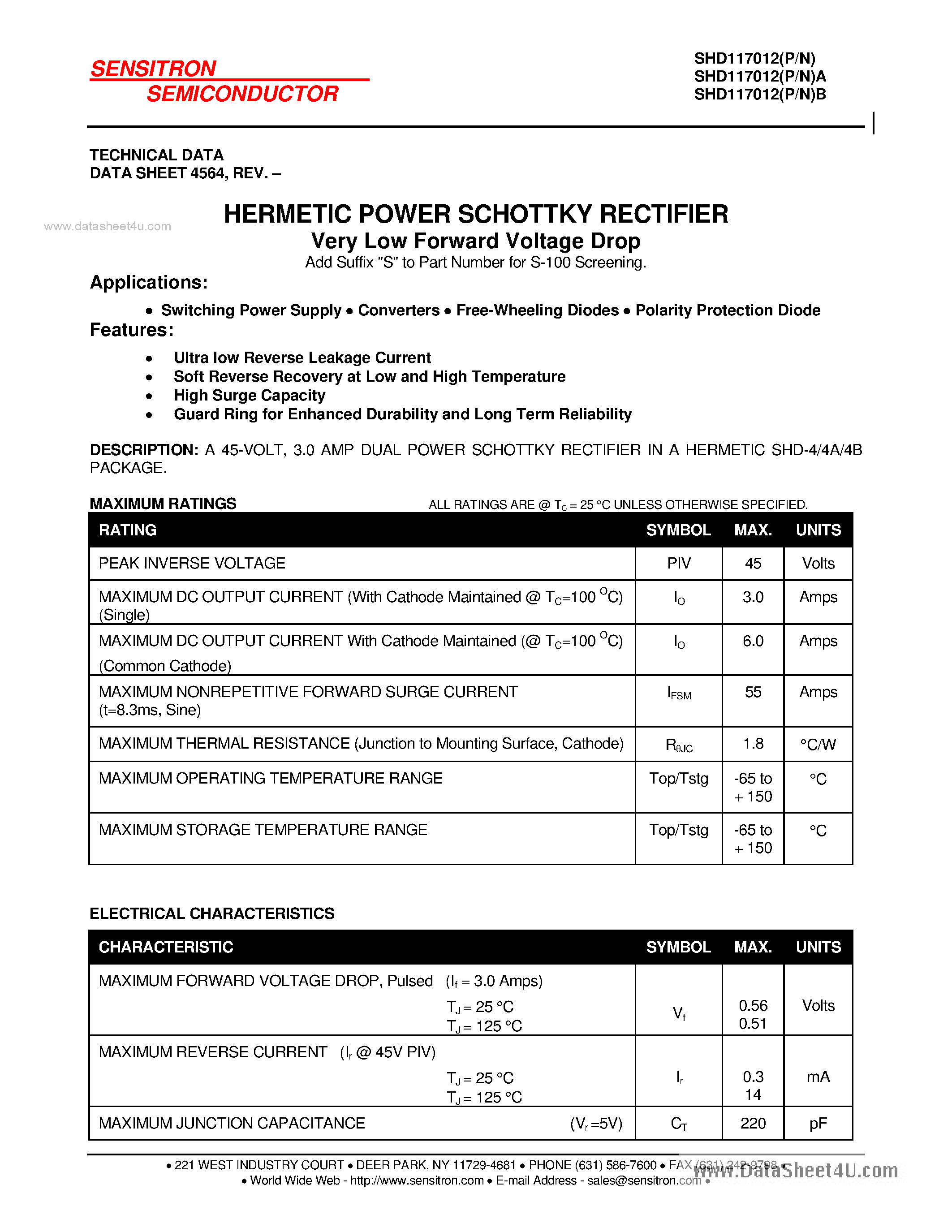 Datasheet SHD117012 page 1 Datasheet SHD117012 - HERMETIC POWER SCHOTTKY RECTIFIER page 1