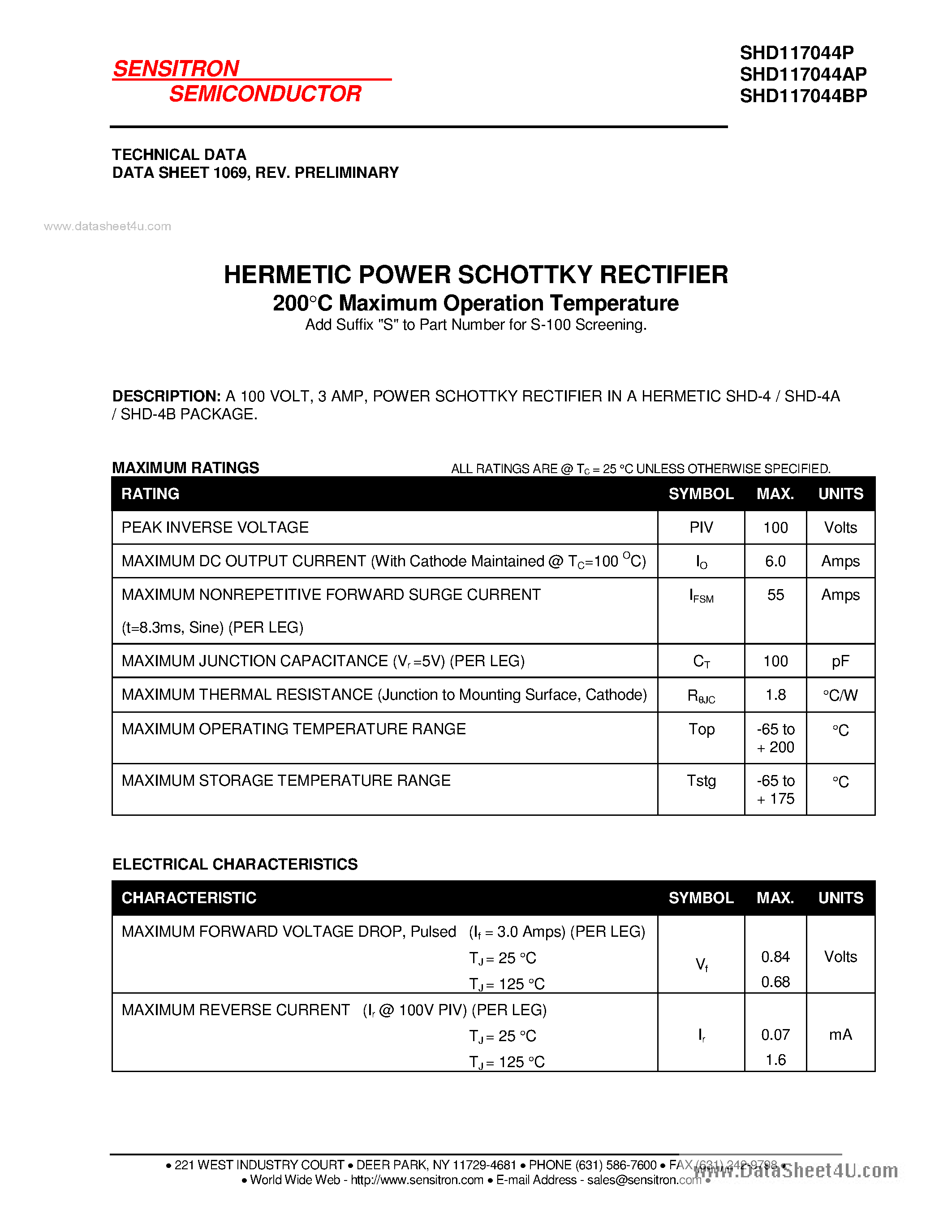 Datasheet SHD117044AP page 1 Datasheet SHD117044AP - HERMETIC POWER SCHOTTKY RECTIFIER page 1