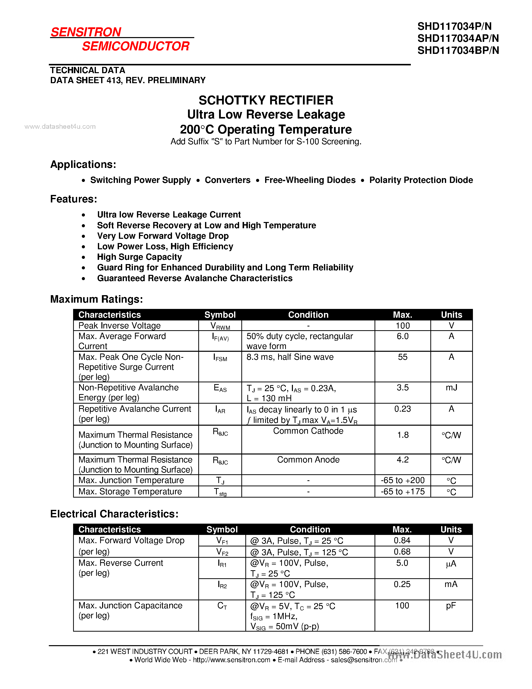 Datasheet SHD117034 page 1 Datasheet SHD117034 - SCHOTTKY RECTIFIER page 1