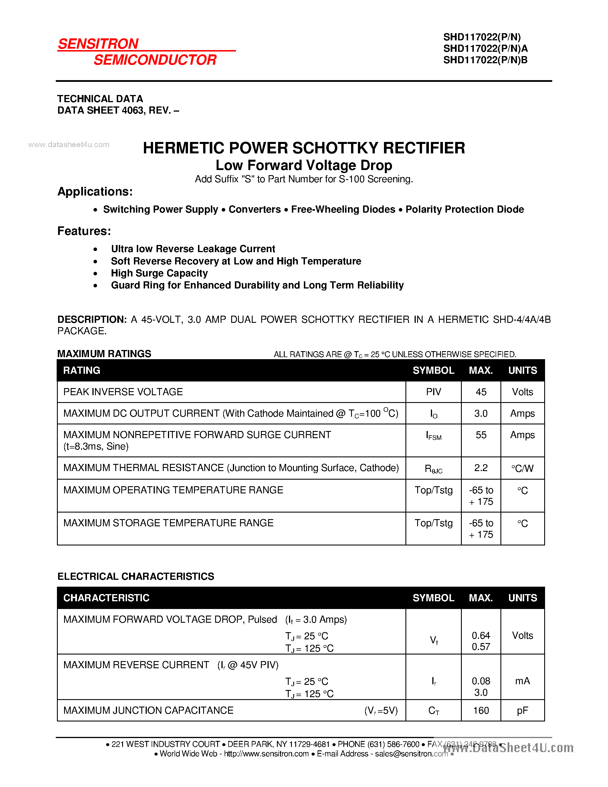 Datasheet SHD117022A page 1 Datasheet SHD117022A - HERMETIC POWER SCHOTTKY RECTIFIER page 1