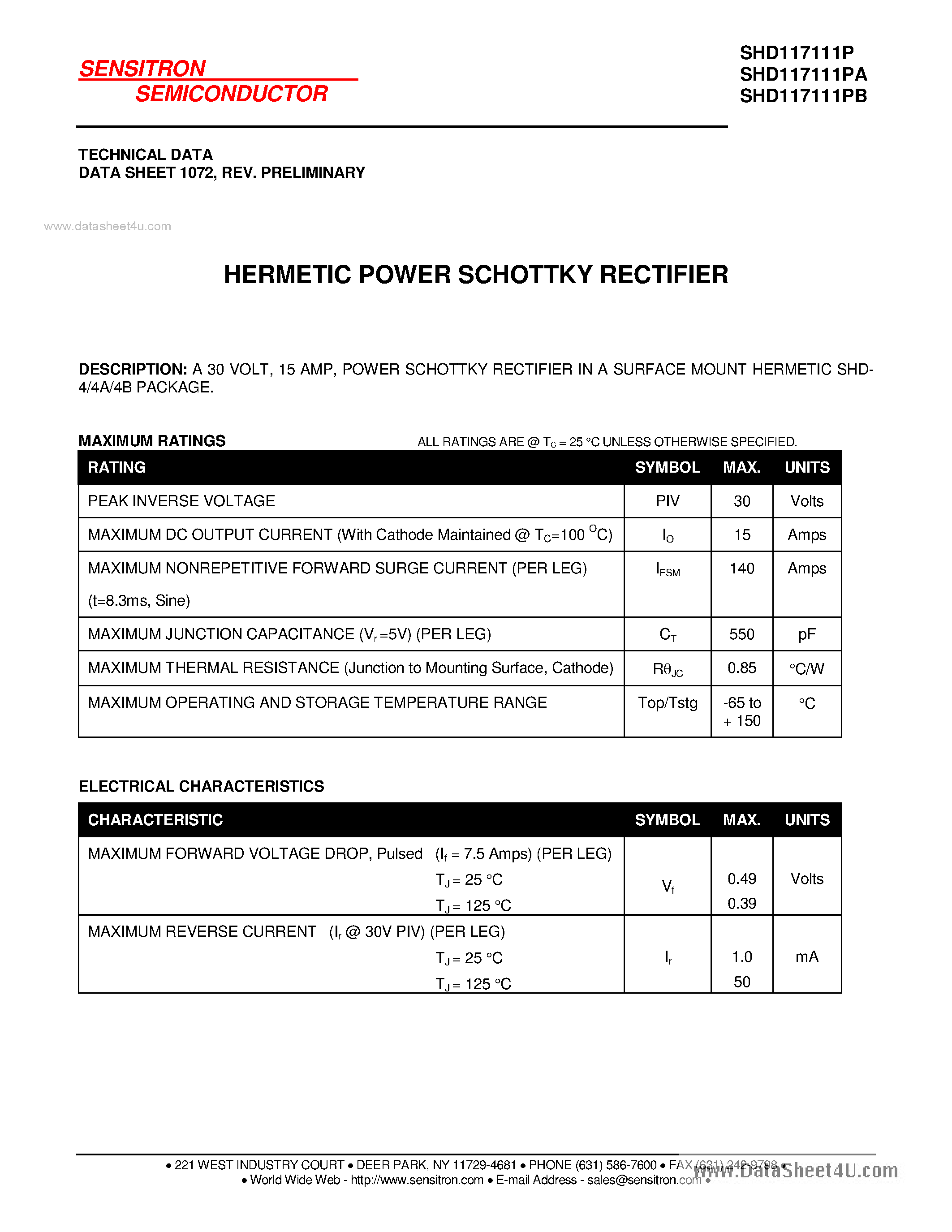 Datasheet SHD117111P page 1 Datasheet SHD117111P - HERMETIC POWER SCHOTTKY RECTIFIER page 1