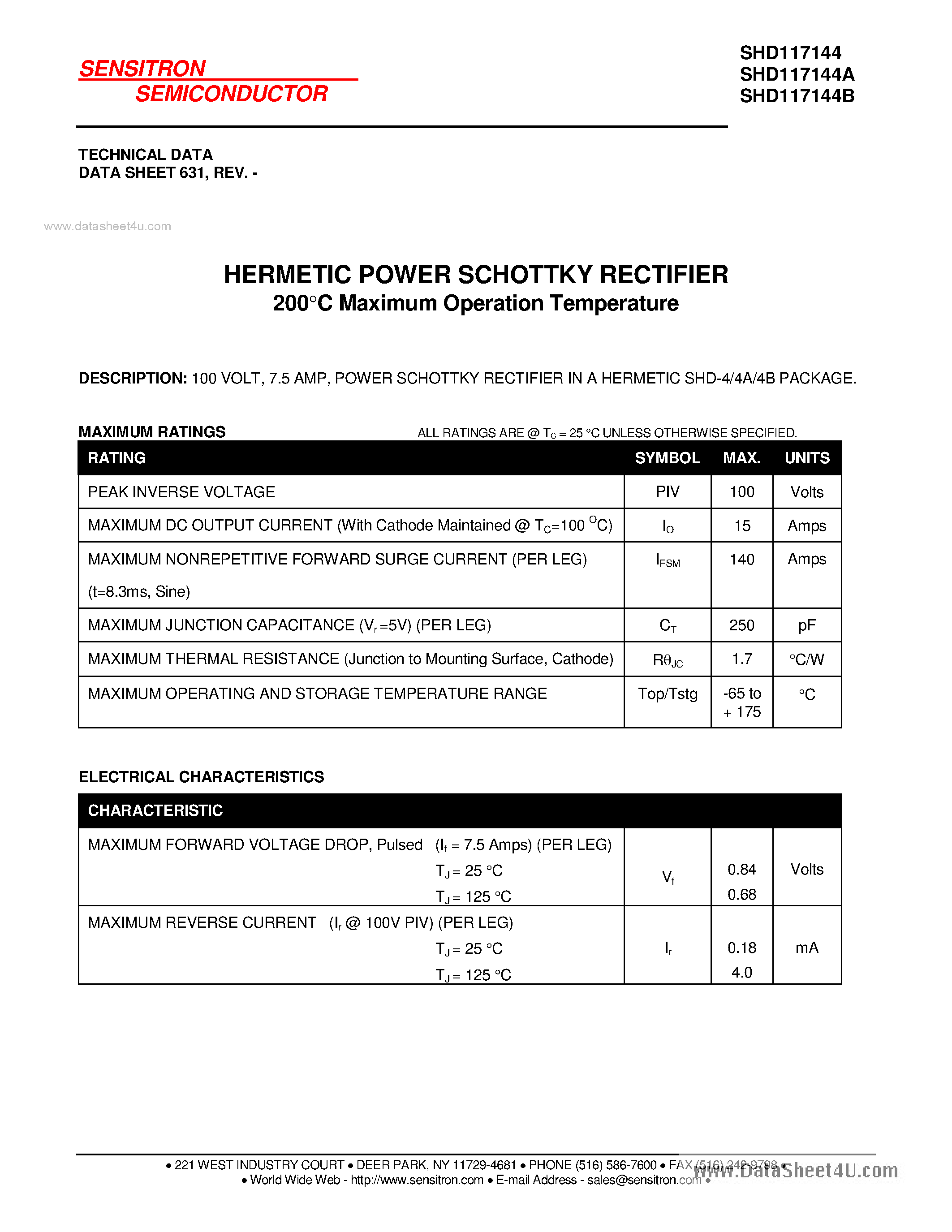 Datasheet SHD117144 page 1 Datasheet SHD117144 - HERMETIC POWER SCHOTTKY RECTIFIER page 1