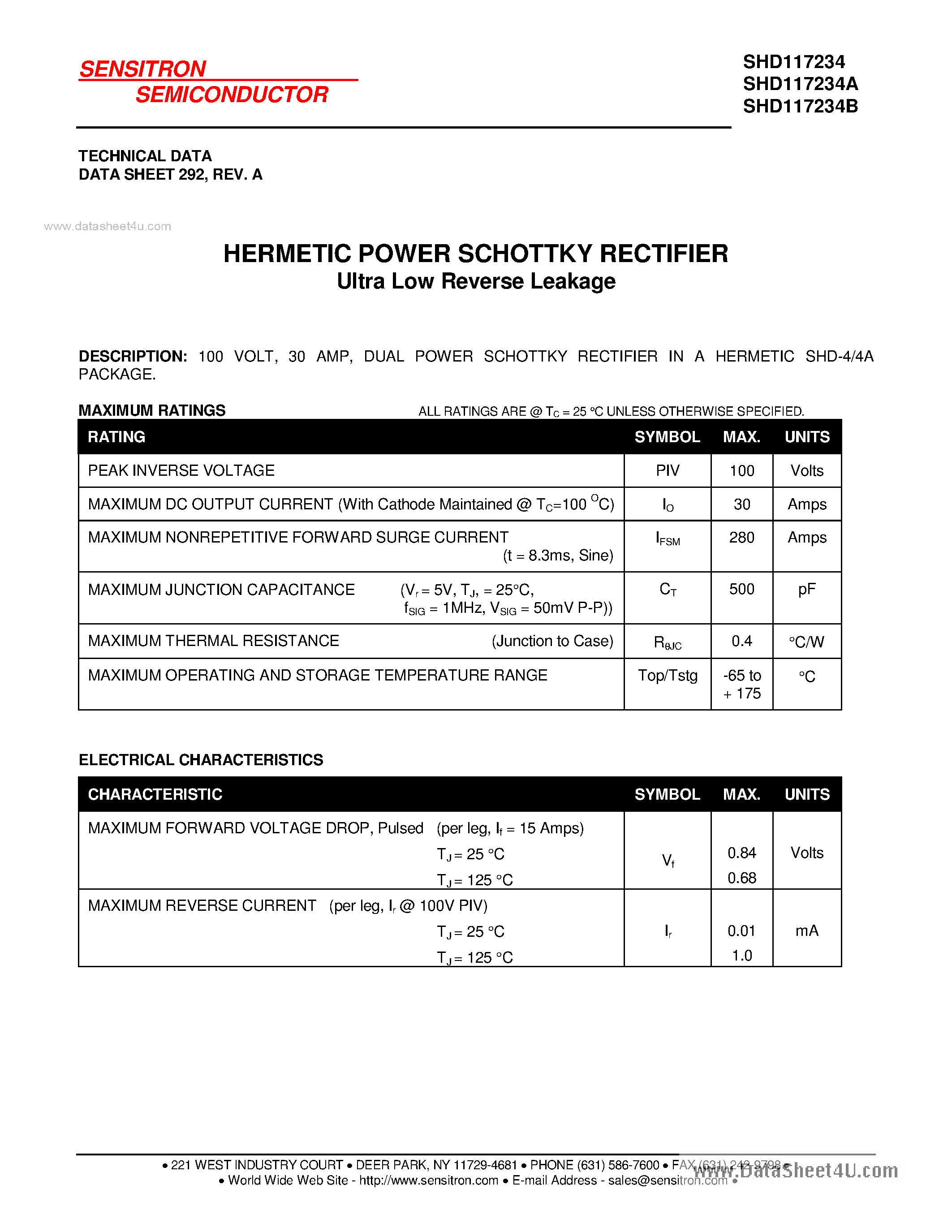 Datasheet SHD117224 - HERMETIC POWER SCHOTTKY RECTIFIER page 1