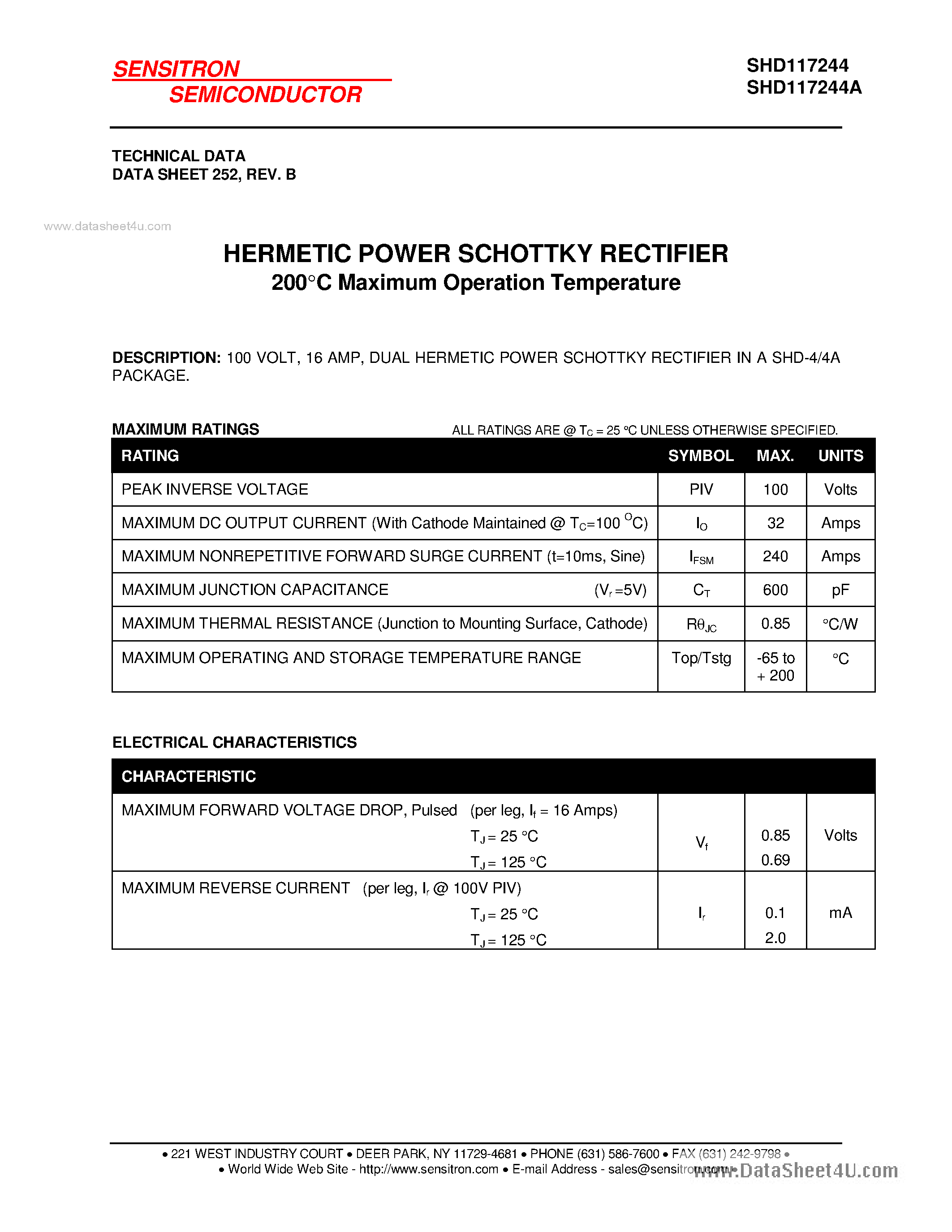 Datasheet SHD117244 page 1 Datasheet SHD117244 - HERMETIC POWER SCHOTTKY RECTIFIER page 1