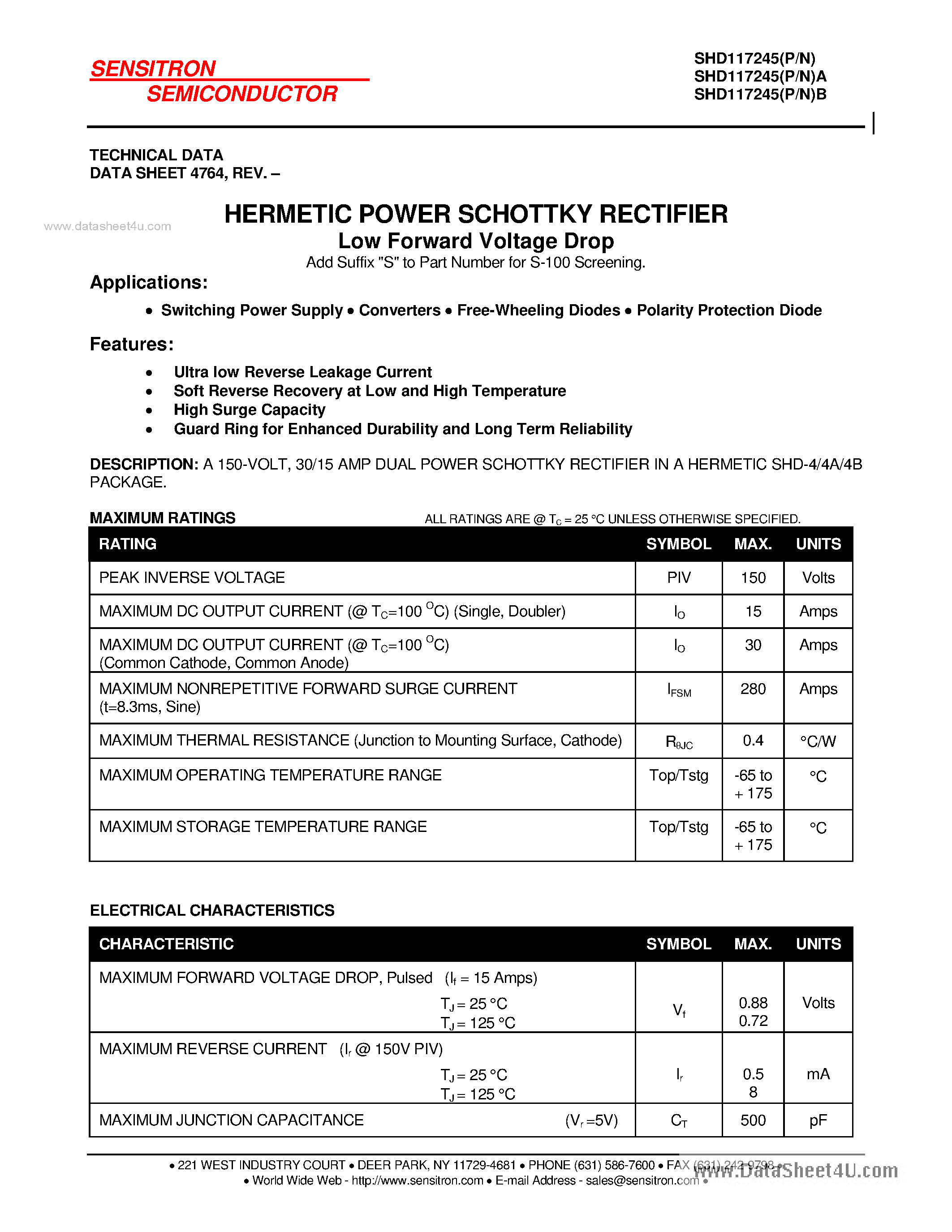 Datasheet SHD117245 page 1 Datasheet SHD117245 - HERMETIC POWER SCHOTTKY RECTIFIER page 1