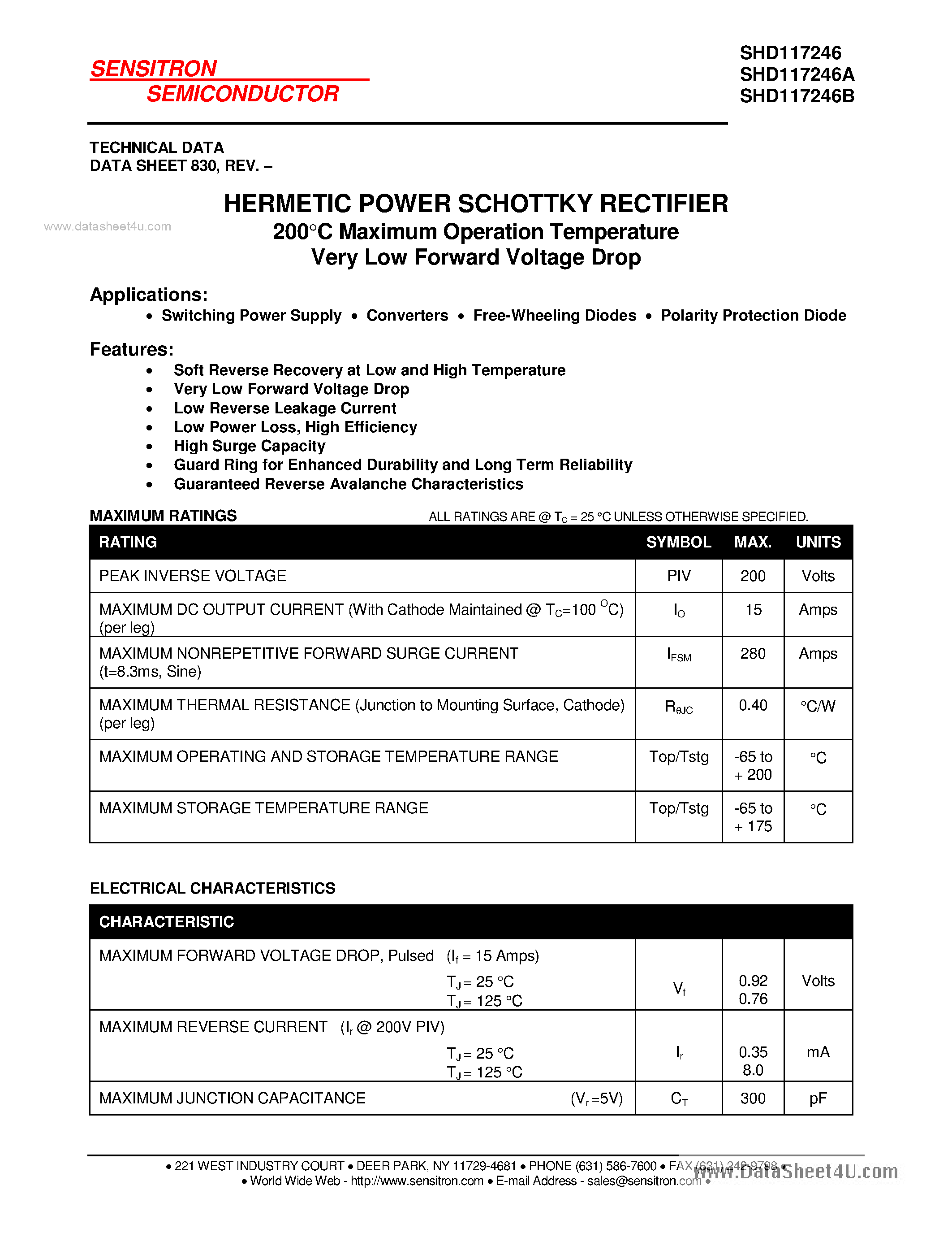 Datasheet SHD117246 page 1 Datasheet SHD117246 - HERMETIC POWER SCHOTTKY RECTIFIER page 1