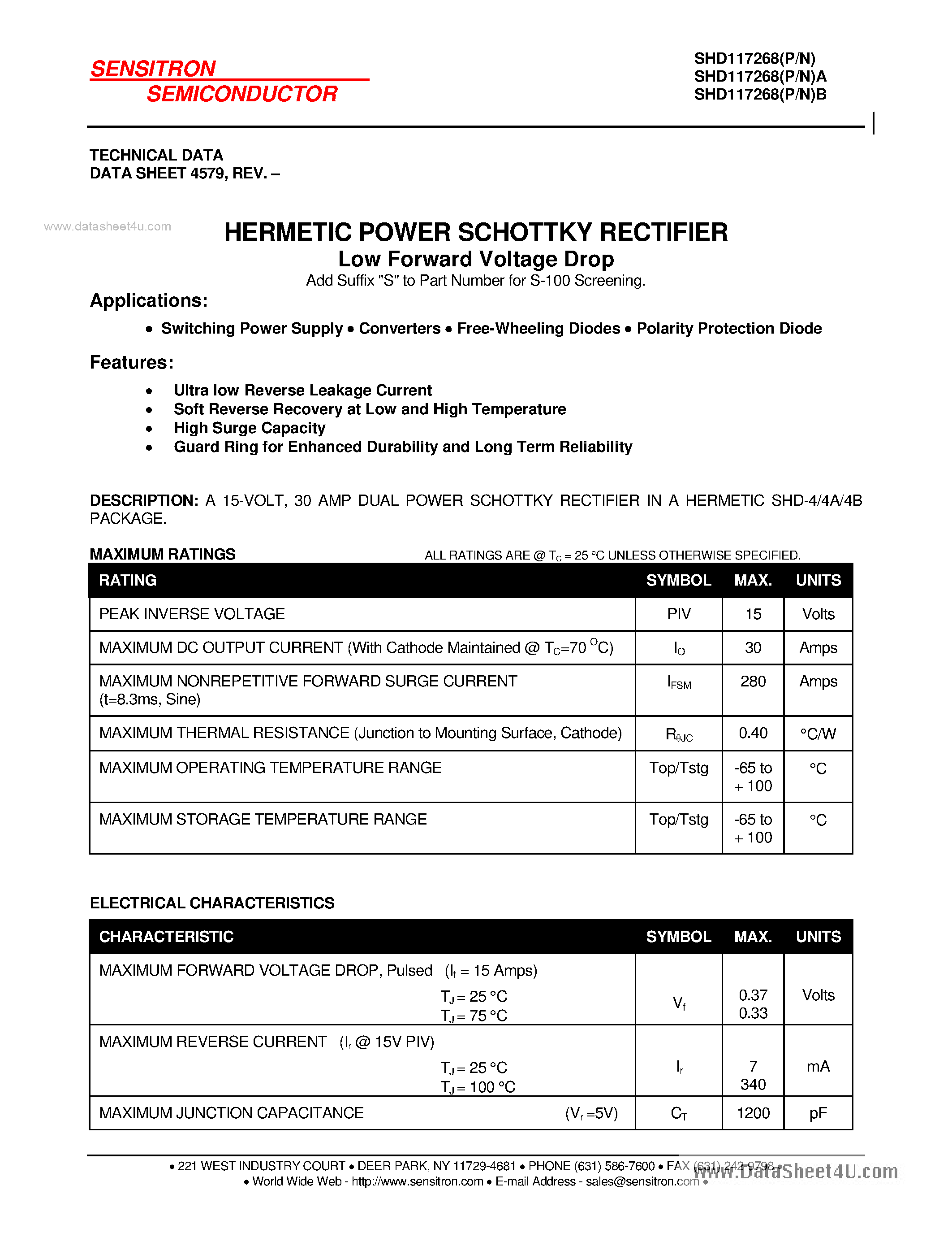 Datasheet SHD117268 page 1 Datasheet SHD117268 - HERMETIC POWER SCHOTTKY RECTIFIER page 1