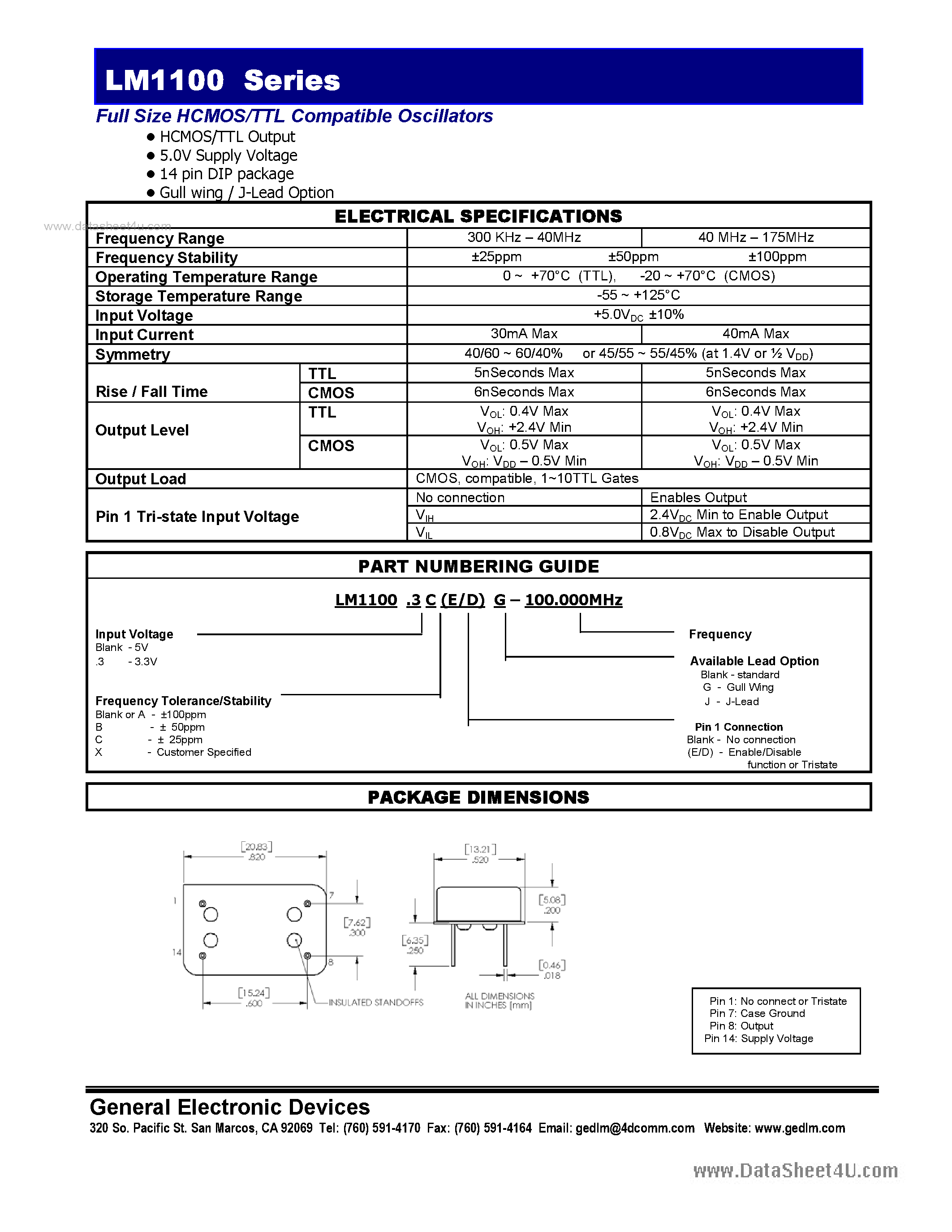 Datasheet LM1100 - Full Size HCMOS/TTL Compatible Oscillators page 1