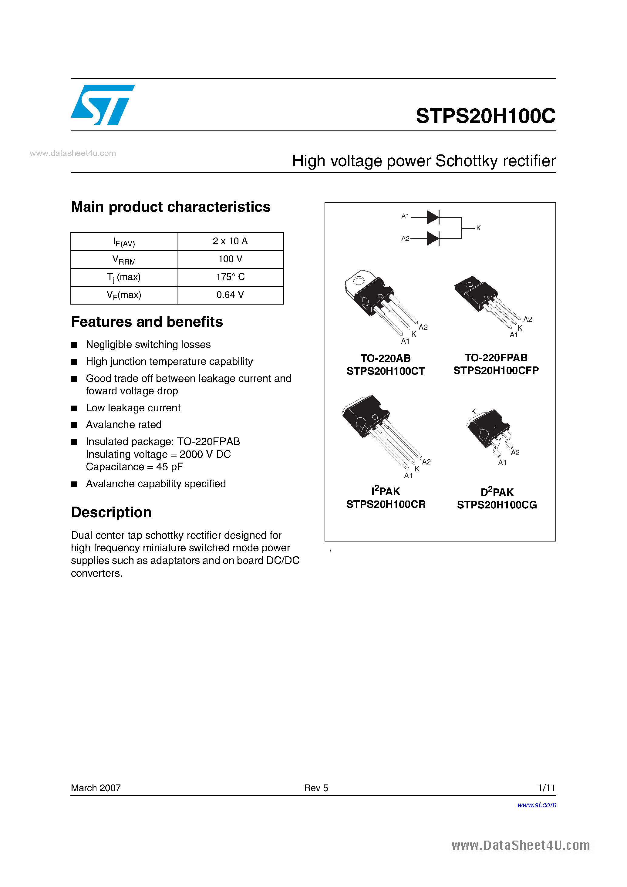 Datasheet STPS20H100C - High voltage power Schottky rectifier page 1