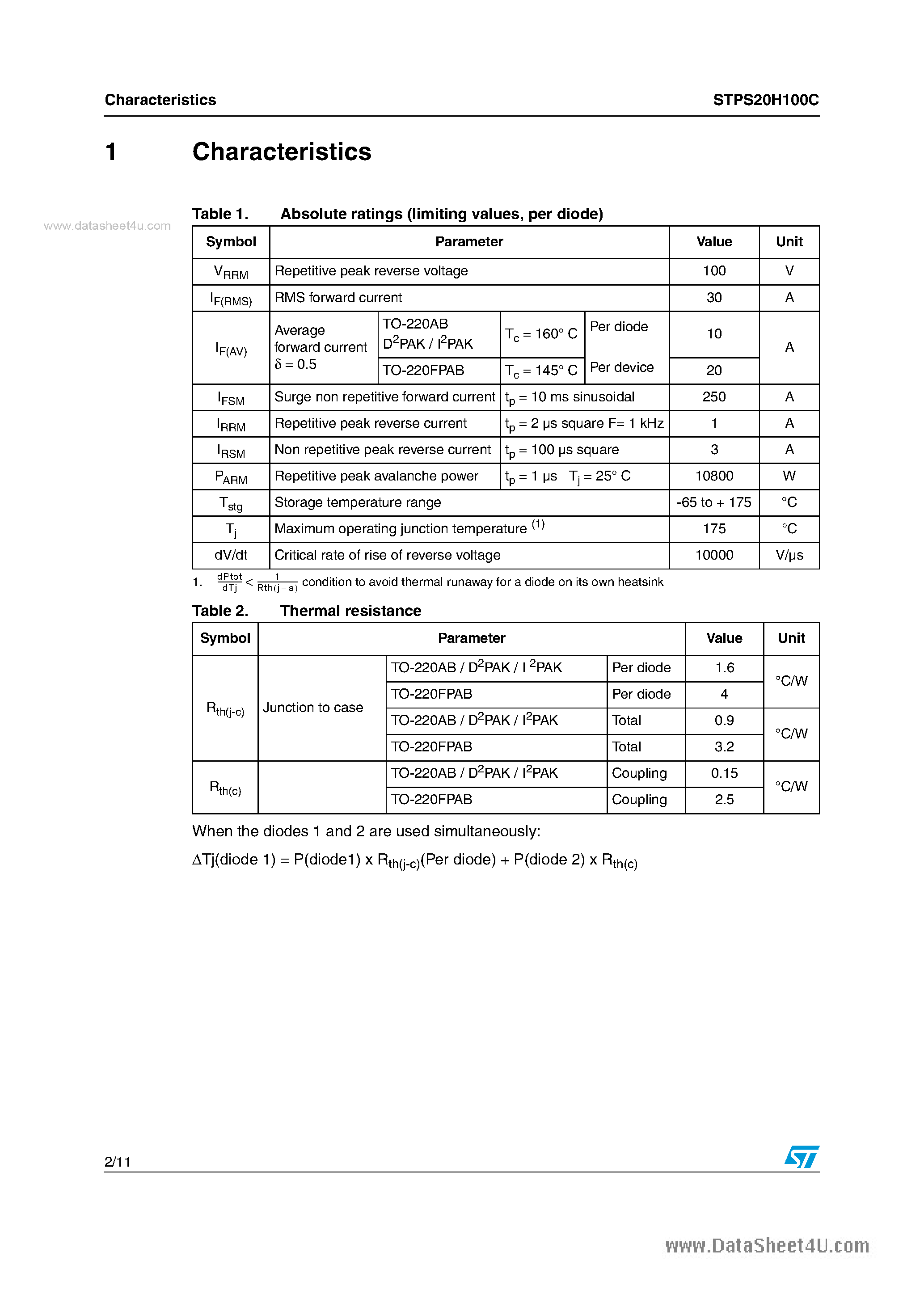 Datasheet STPS20H100C - High voltage power Schottky rectifier page 2