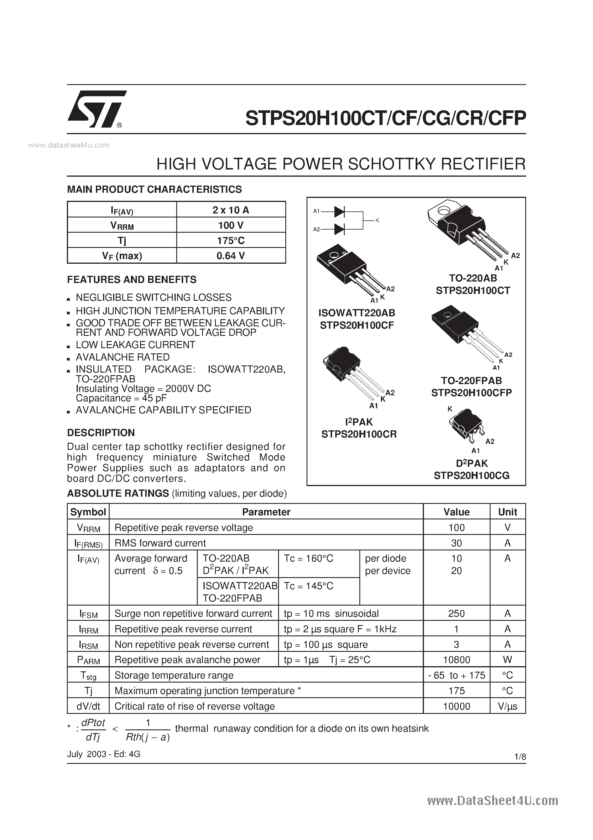 Datasheet STPS20H100CFP page 1 Datasheet STPS20H100CFP - HIGH VOLTAGE POWER SCHOTTKY RECTIFIER page 1