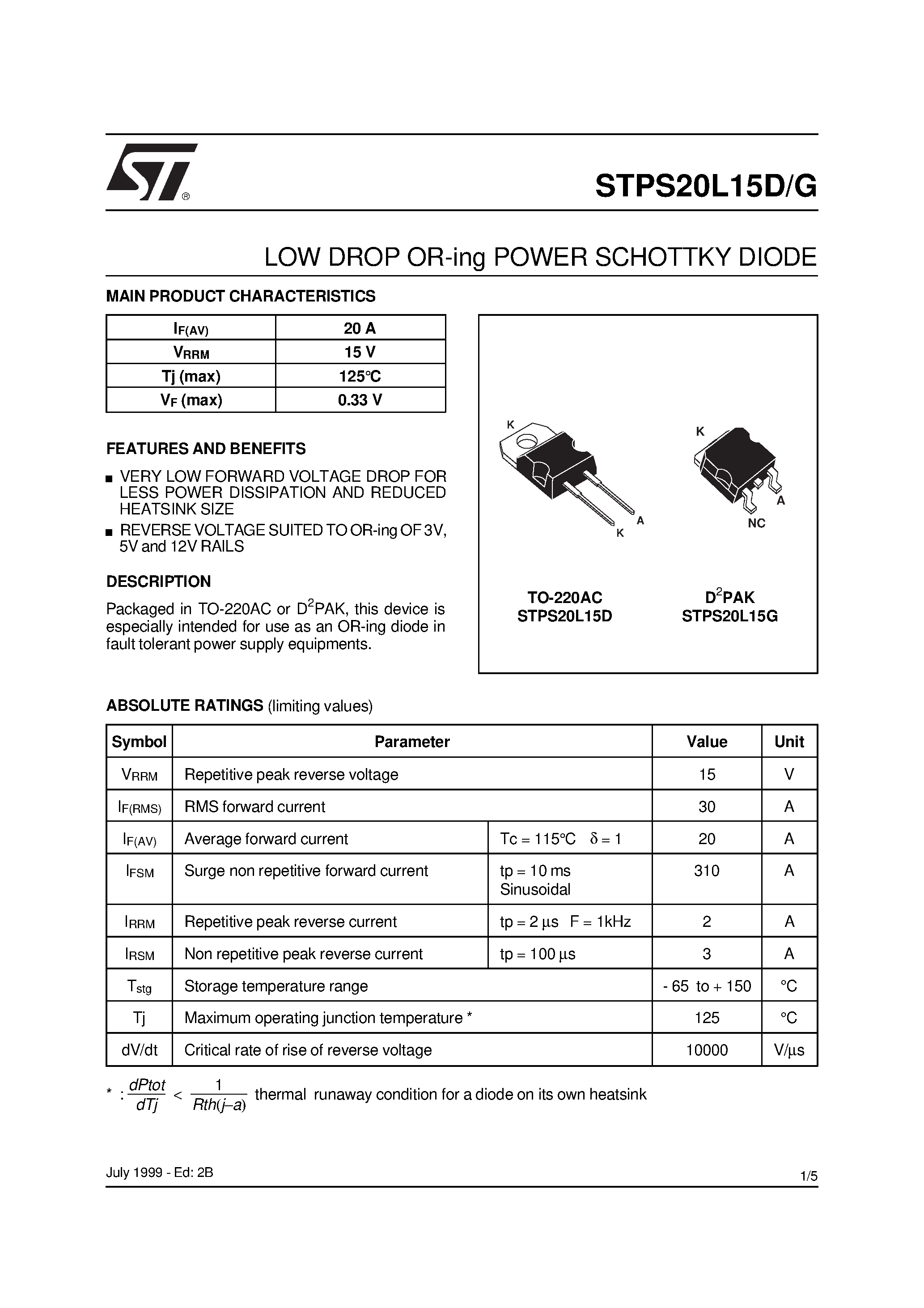 Datasheet STPS20L15 page 1 Datasheet STPS20L15 - LOW DROP OR-ing POWER SCHOTTKY DIODE page 1