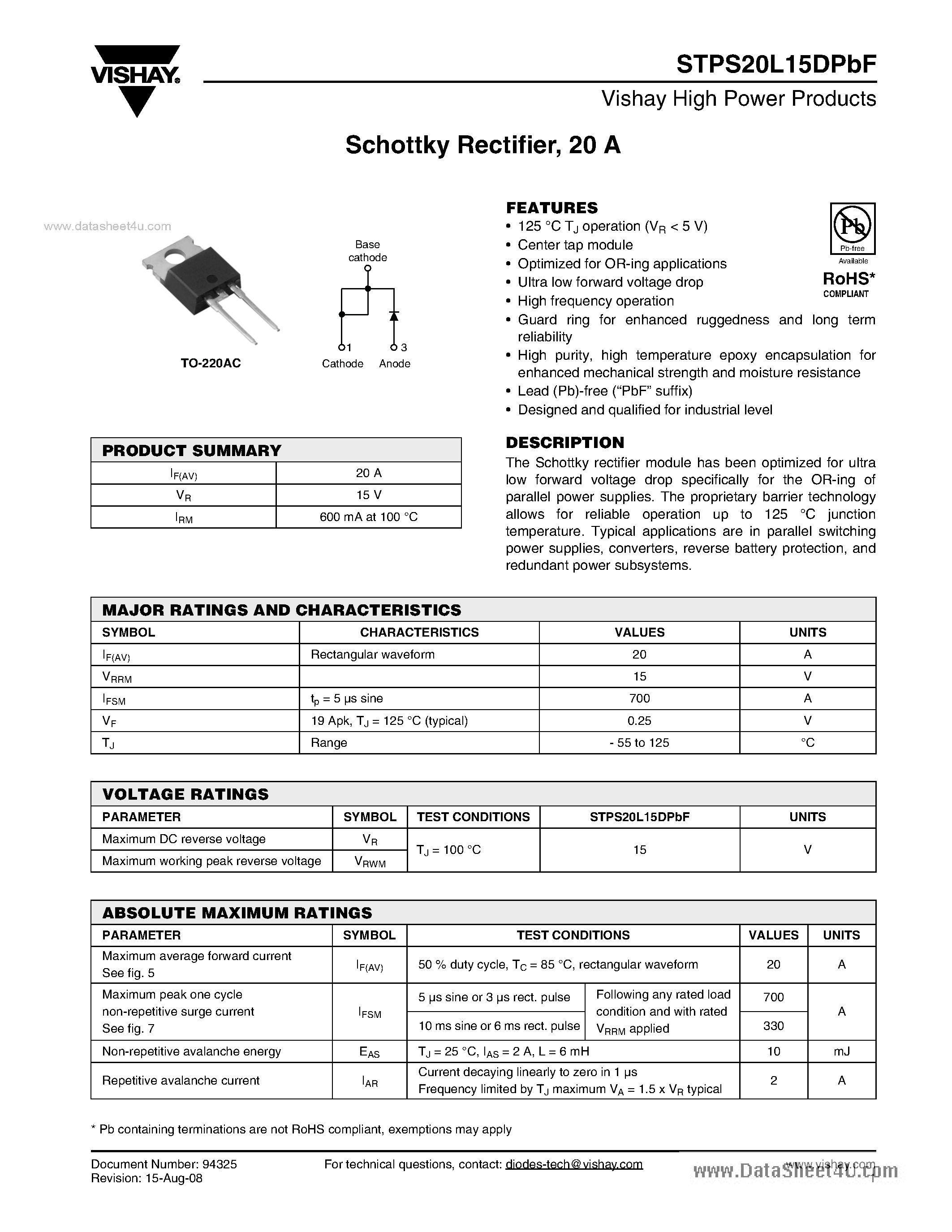Datasheet STPS20L15DPBF - Schottky Rectifier page 1