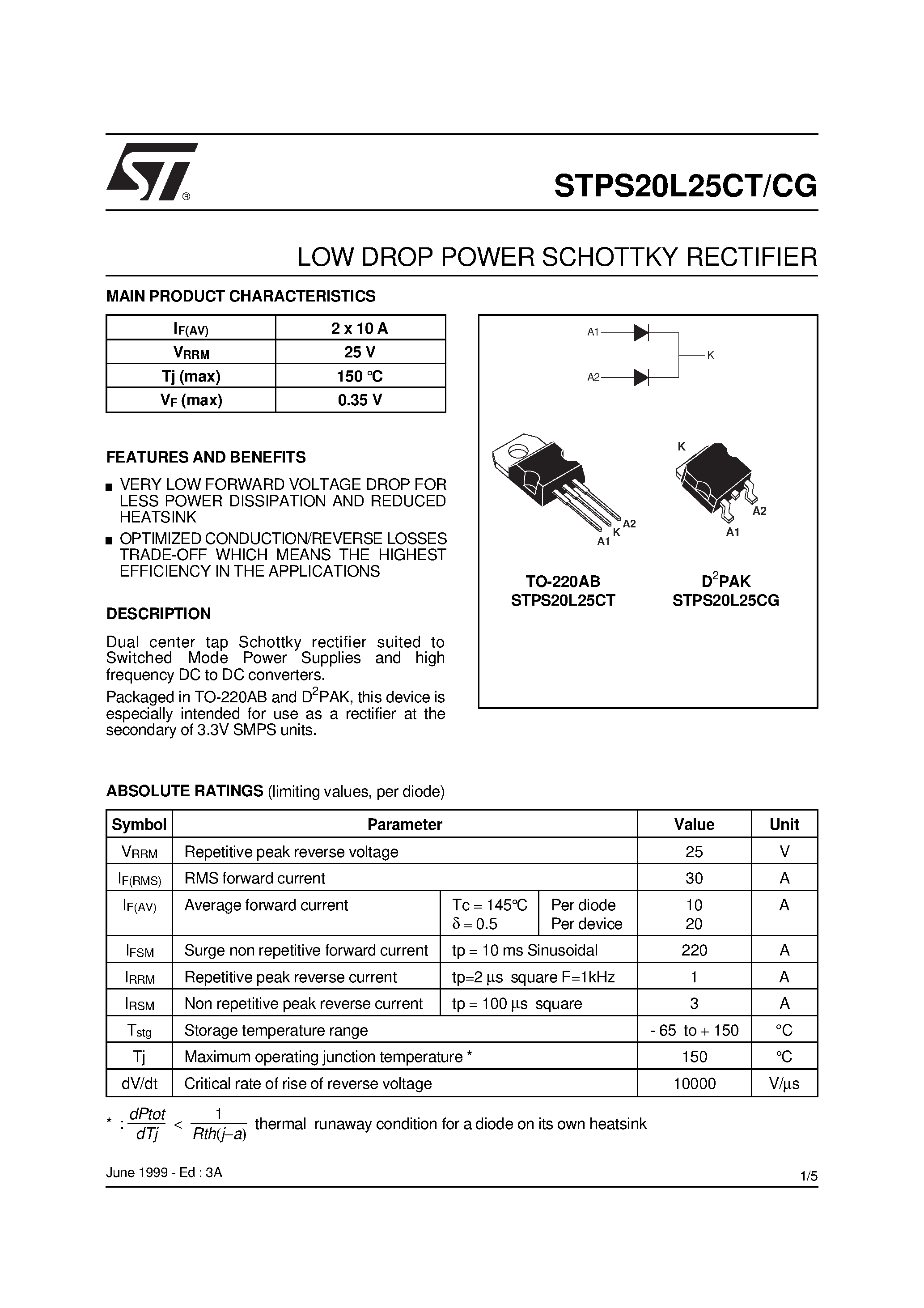 Datasheet STPS20L25C page 1 Datasheet STPS20L25C - LOW DROP POWER SCHOTTKY RECTIFIER page 1