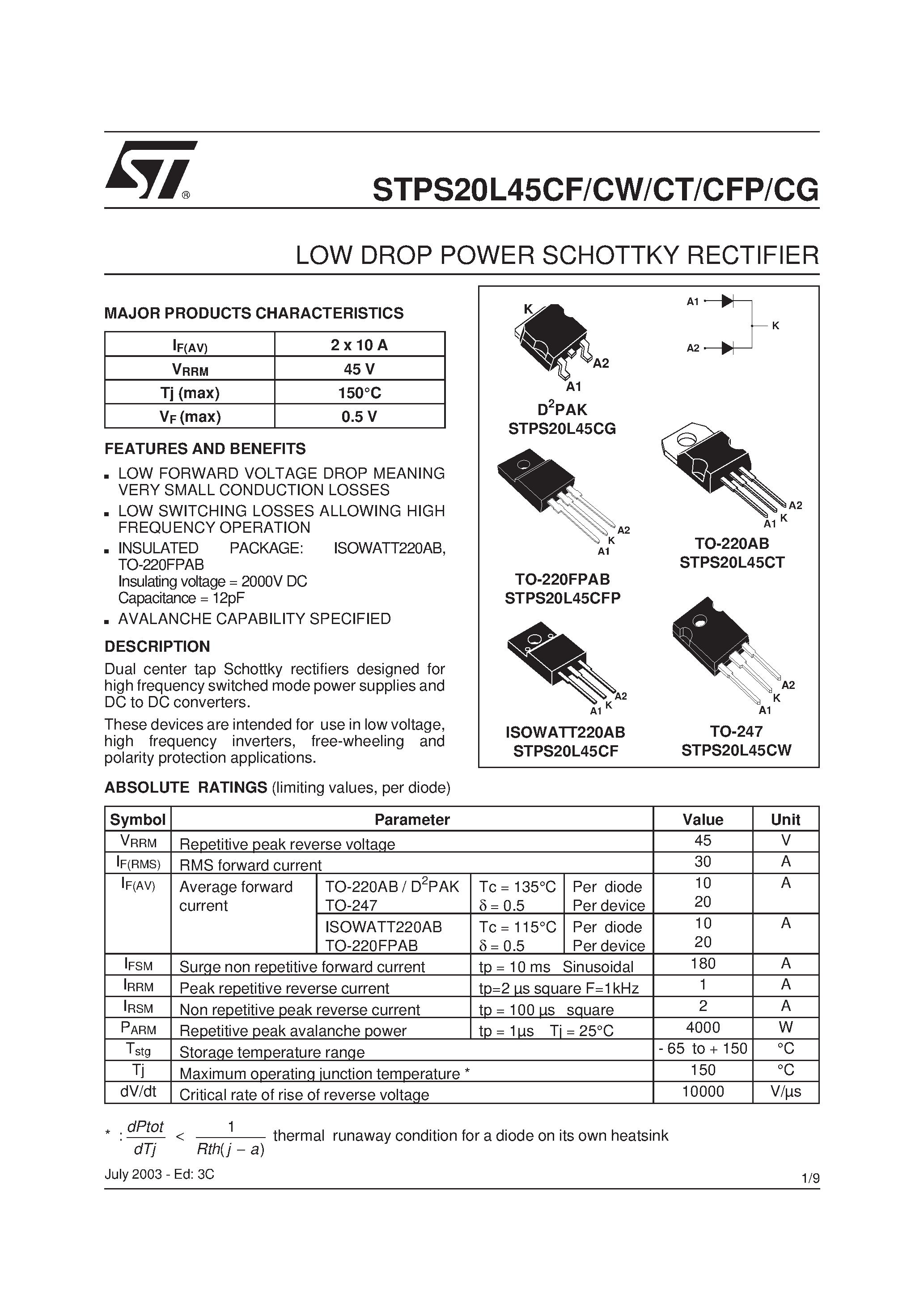 Datasheet STPS20L45 page 1 Datasheet STPS20L45 - LOW DROP POWER SCHOTTKY RECTIFIER page 1
