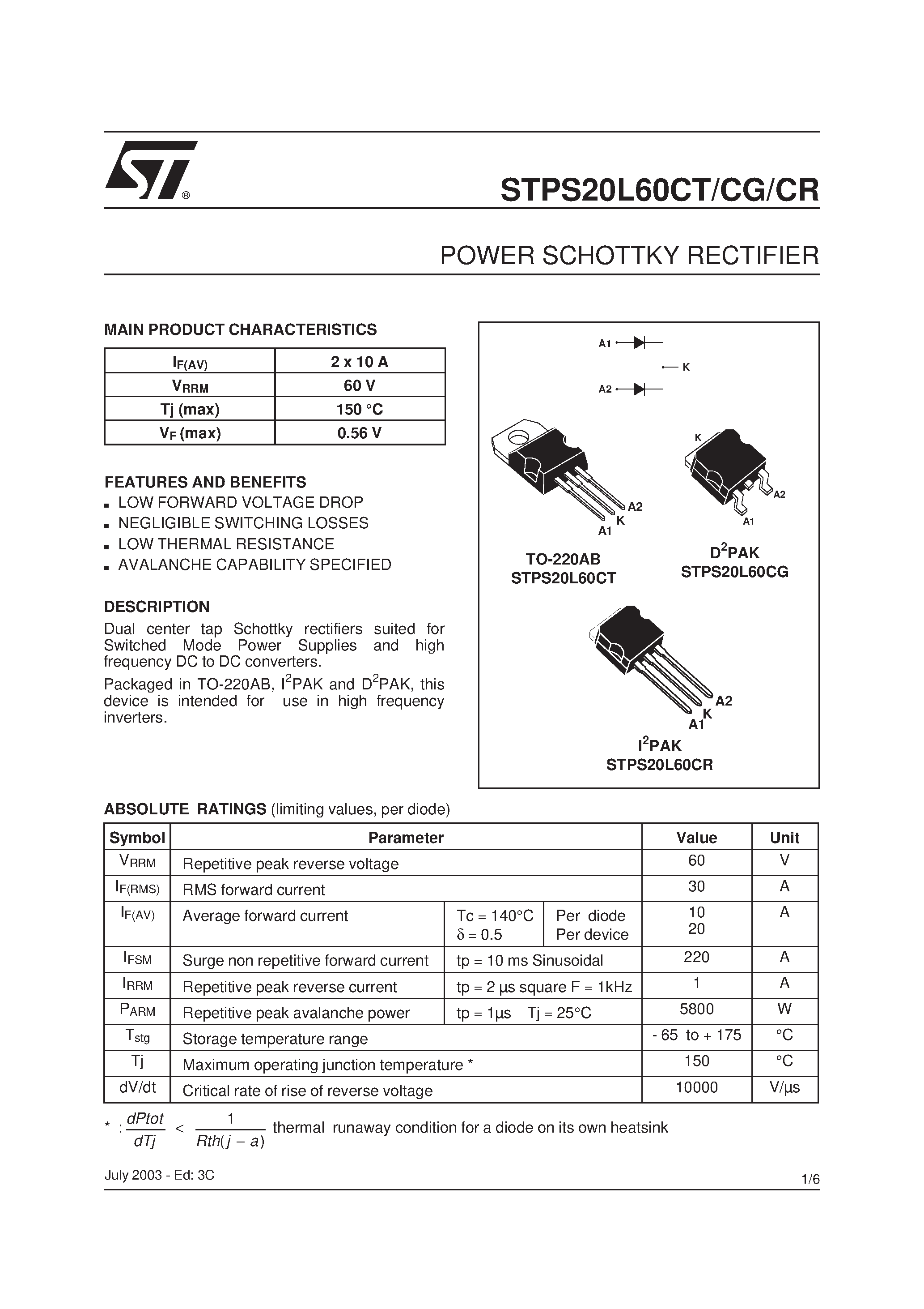 Datasheet STPS20L60 - POWER SCHOTTKY RECTIFIER page 1