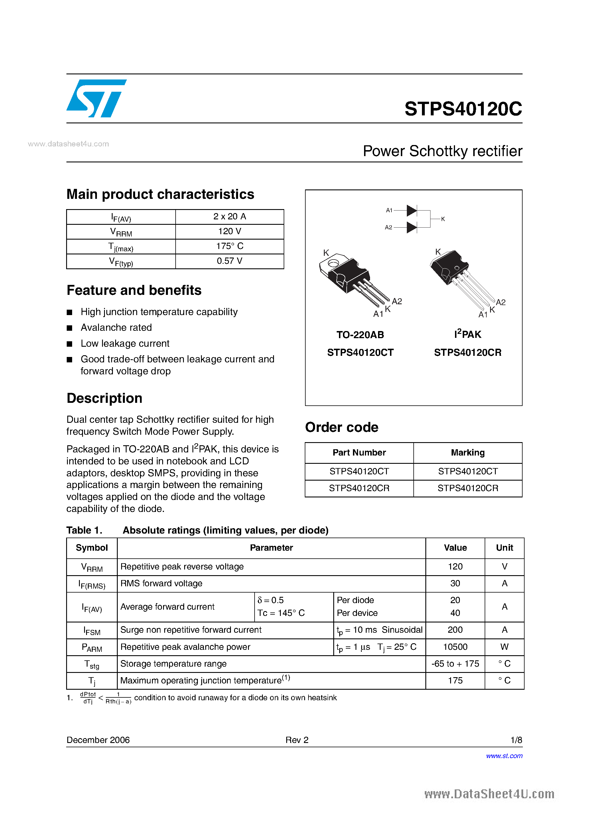 Datasheet STPS40120C - Power Schottky rectifier page 1