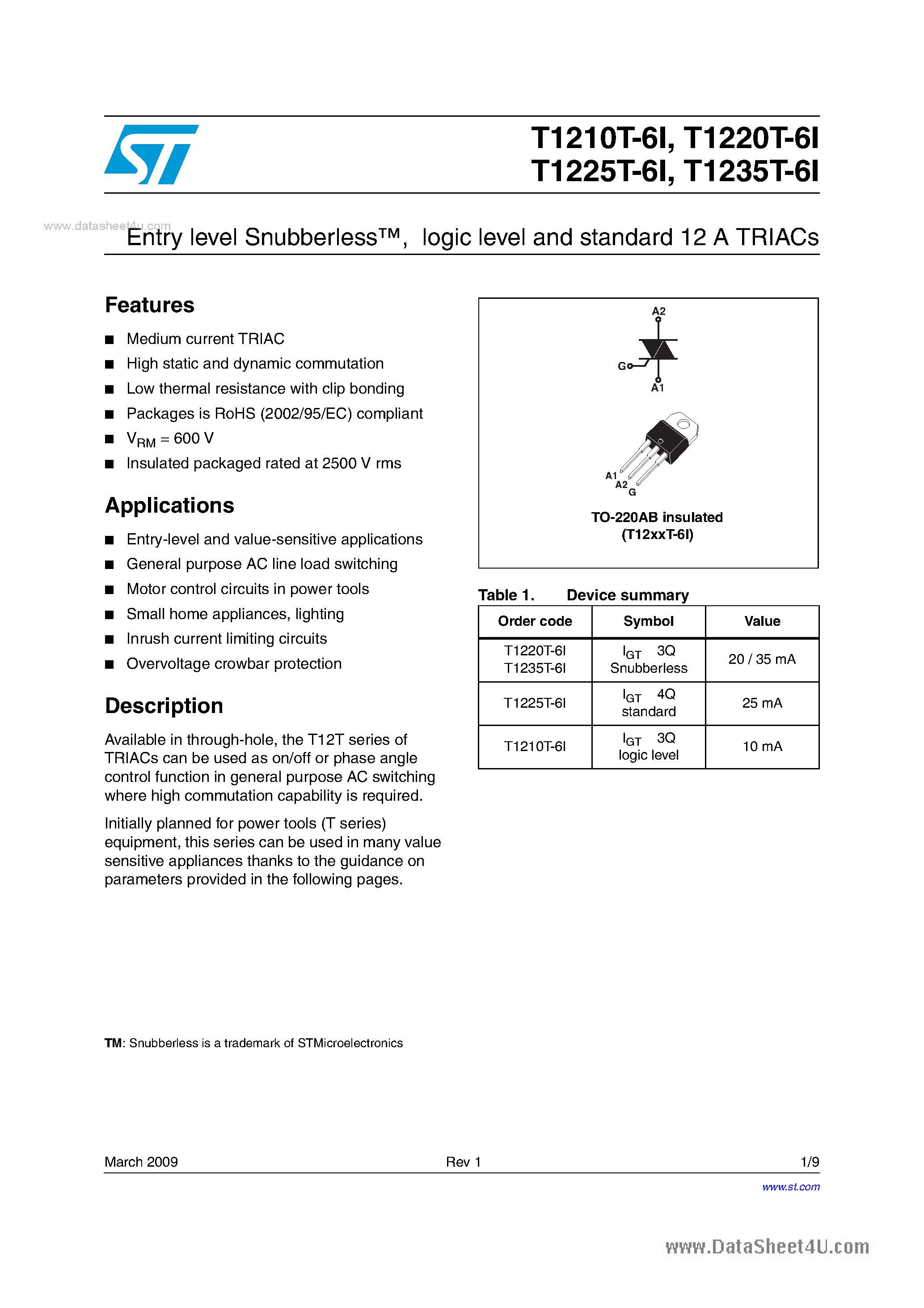 Datasheet T1210T-6I - (T12xxT-6I) Standard And Snubberless Triacs page 1