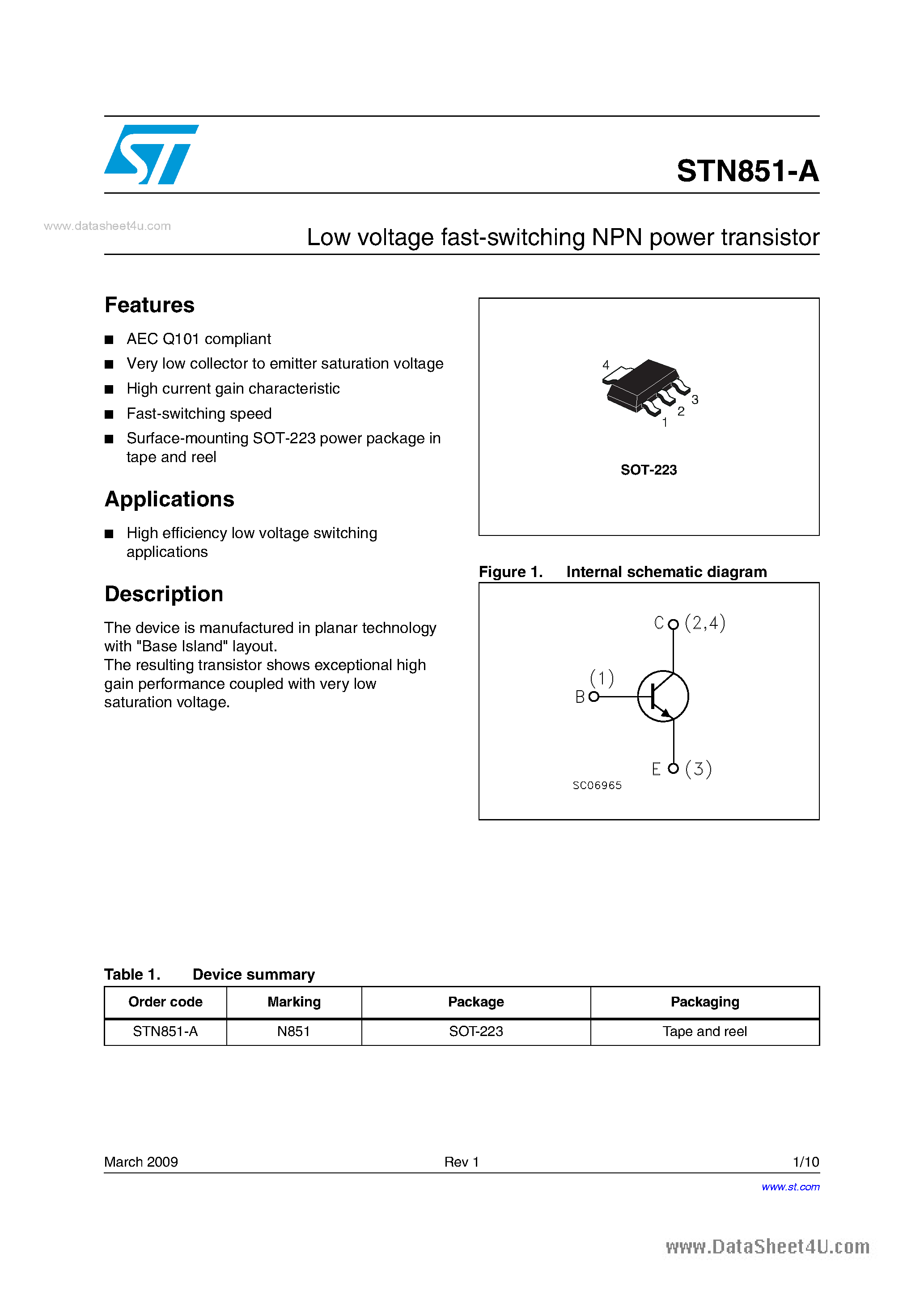Datasheet STN851-A - low voltage fast-switching NPN power transistor page 1