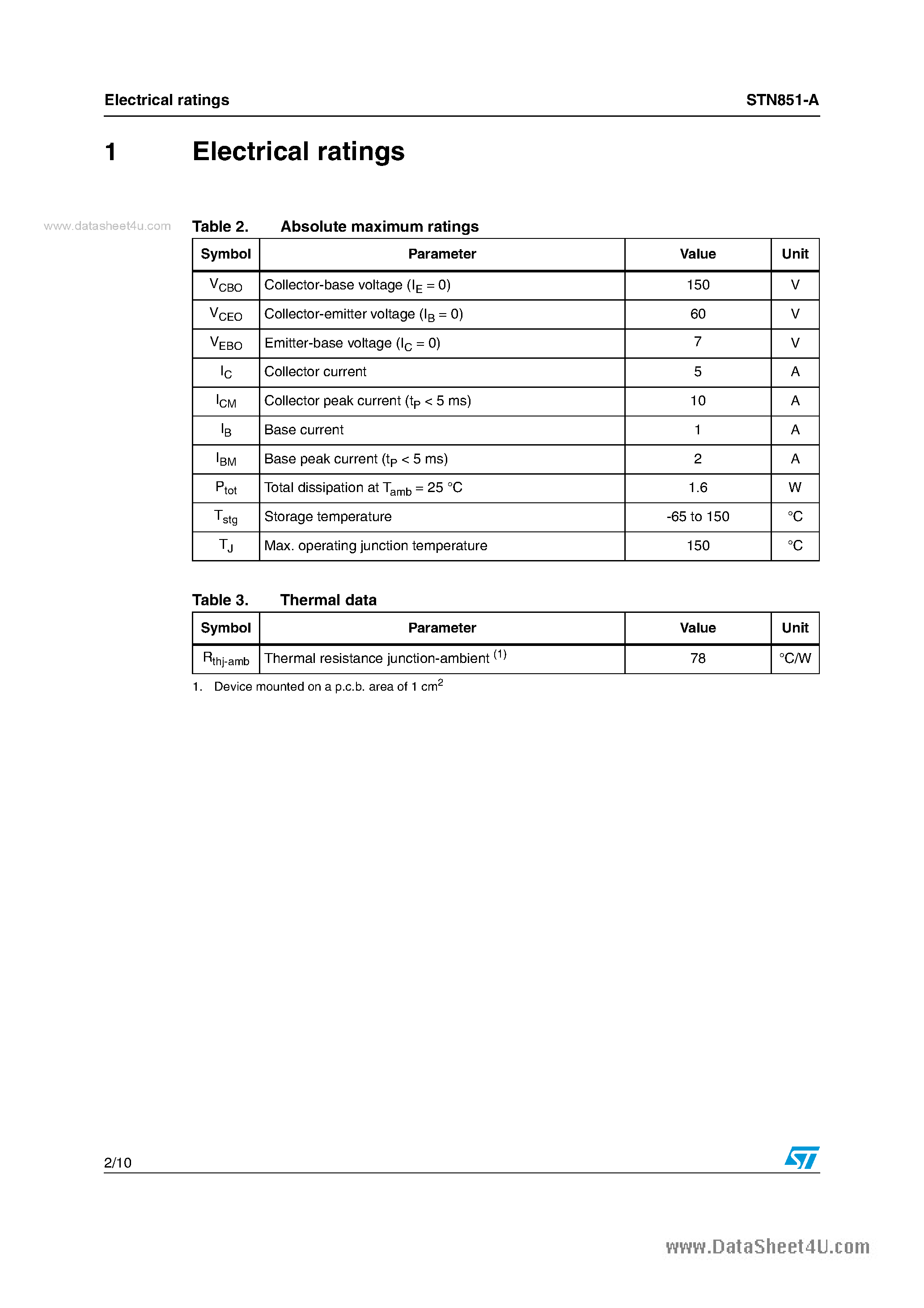 Datasheet STN851-A - low voltage fast-switching NPN power transistor page 2