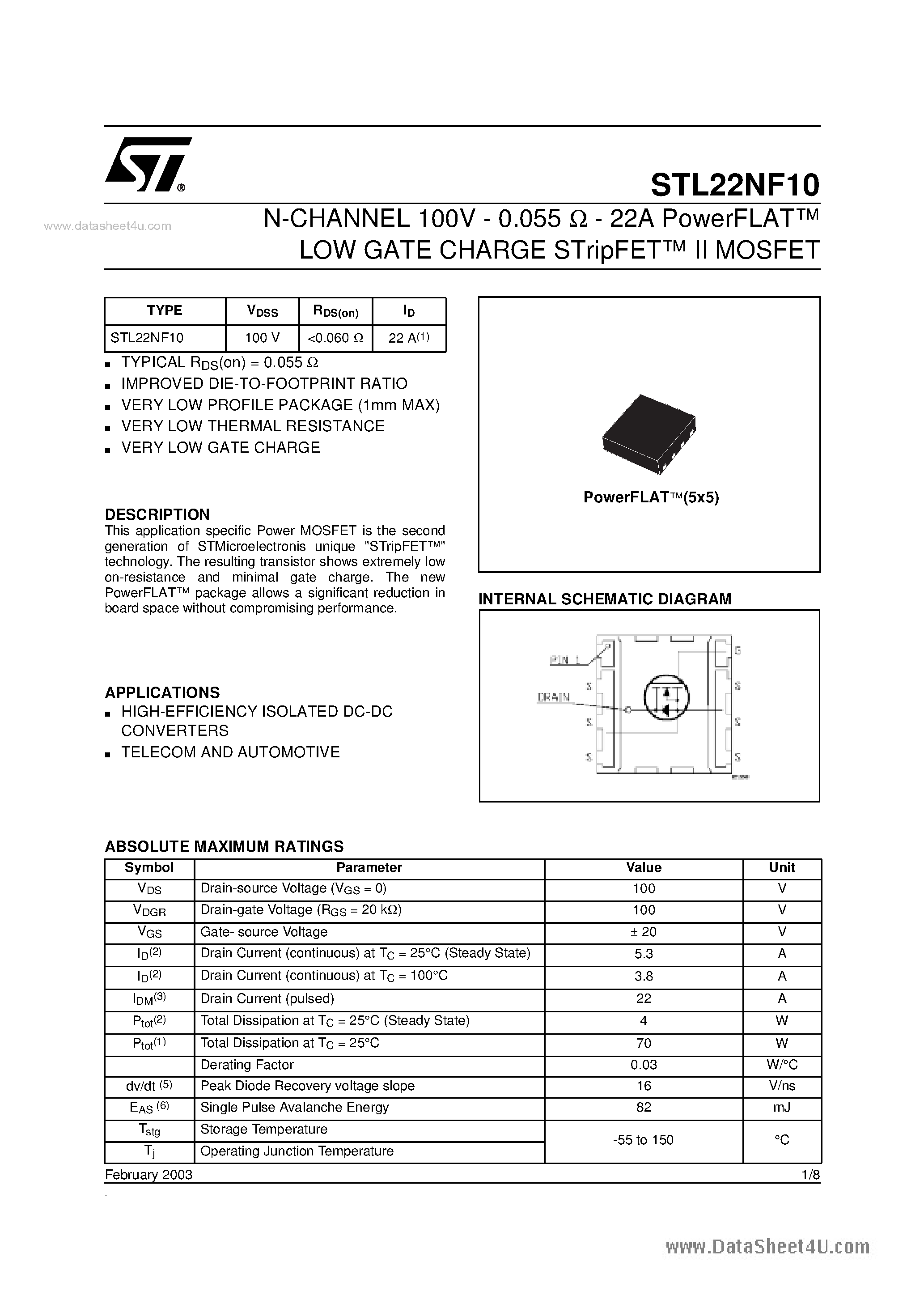 Datasheet STL22NF10 - N-CHANNEL MOSFET page 1