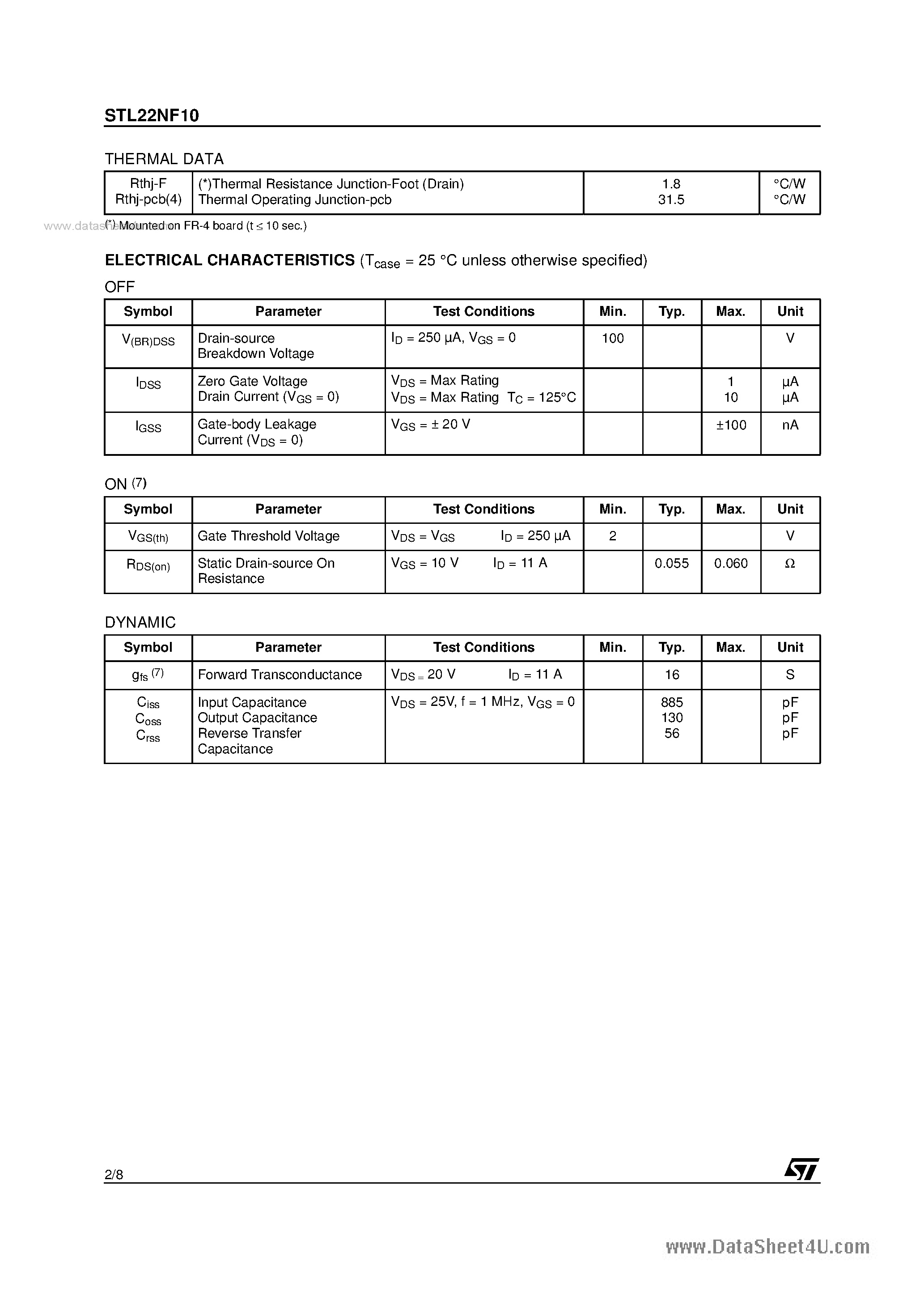Datasheet STL22NF10 - N-CHANNEL MOSFET page 2