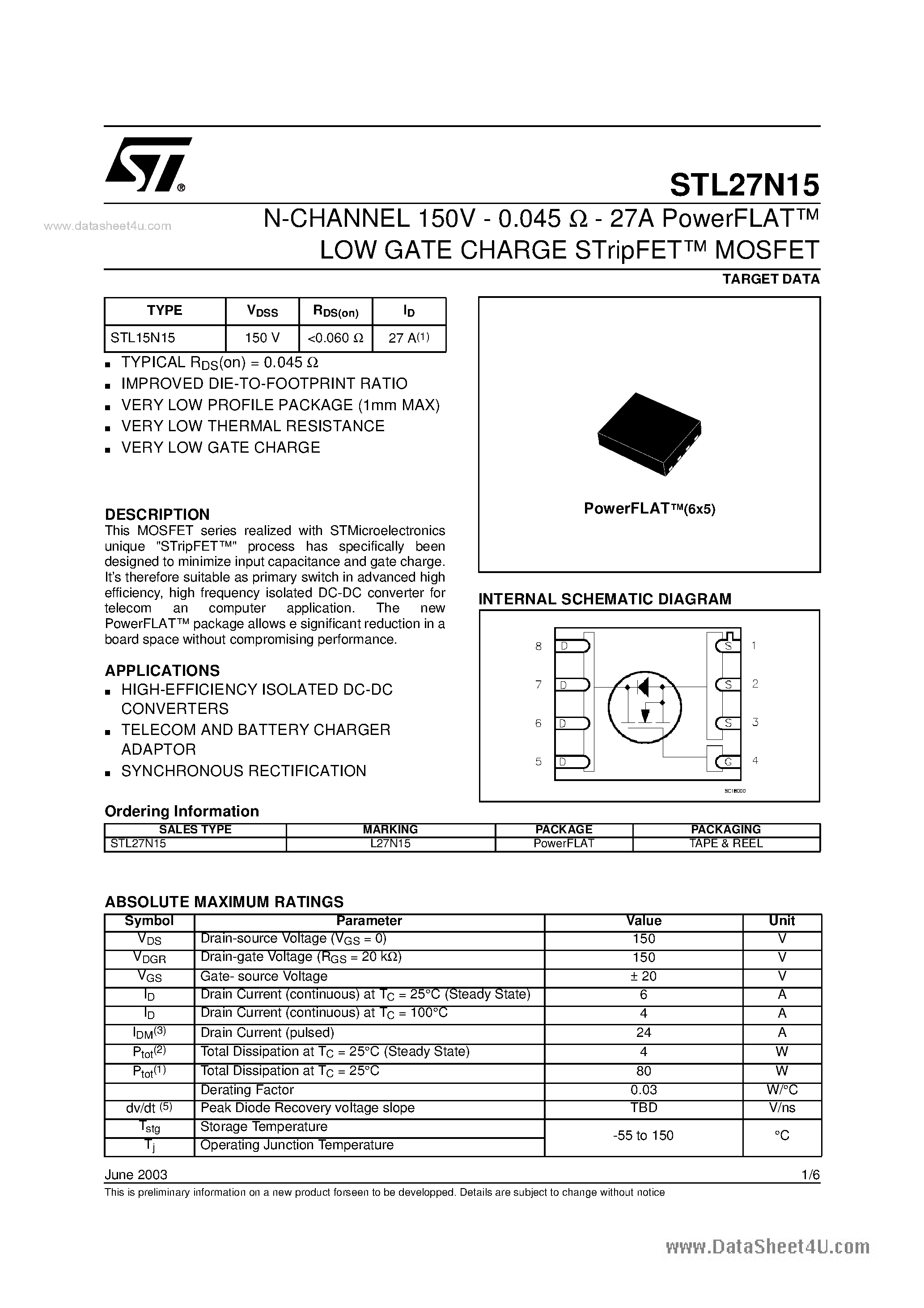 Datasheet STL27N15 page 1 Datasheet STL27N15 - N-CHANNEL MOSFET page 1