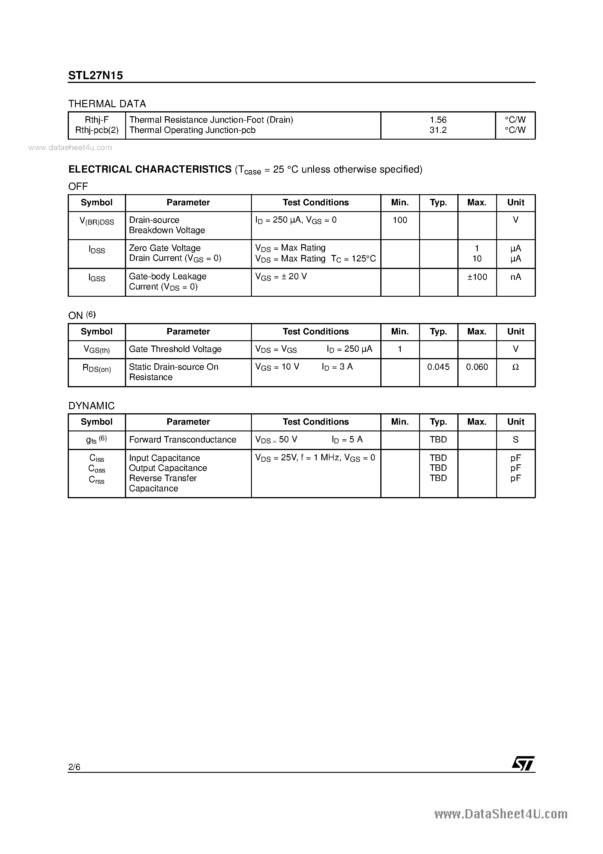 Datasheet STL27N15 page 2 Datasheet STL27N15 - N-CHANNEL MOSFET page 2