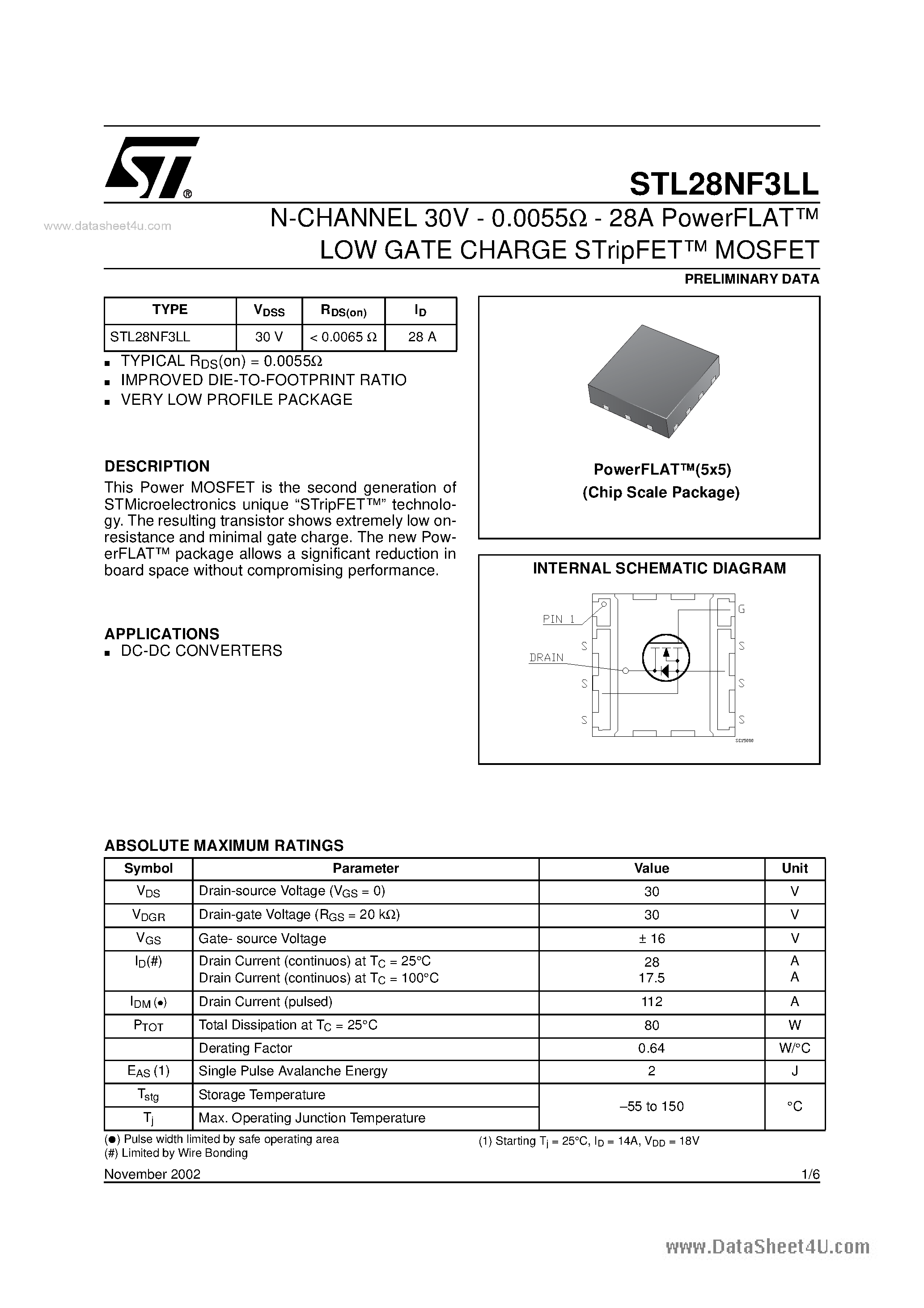 Datasheet STL28NF3LL - N-CHANNEL MOSFET page 1