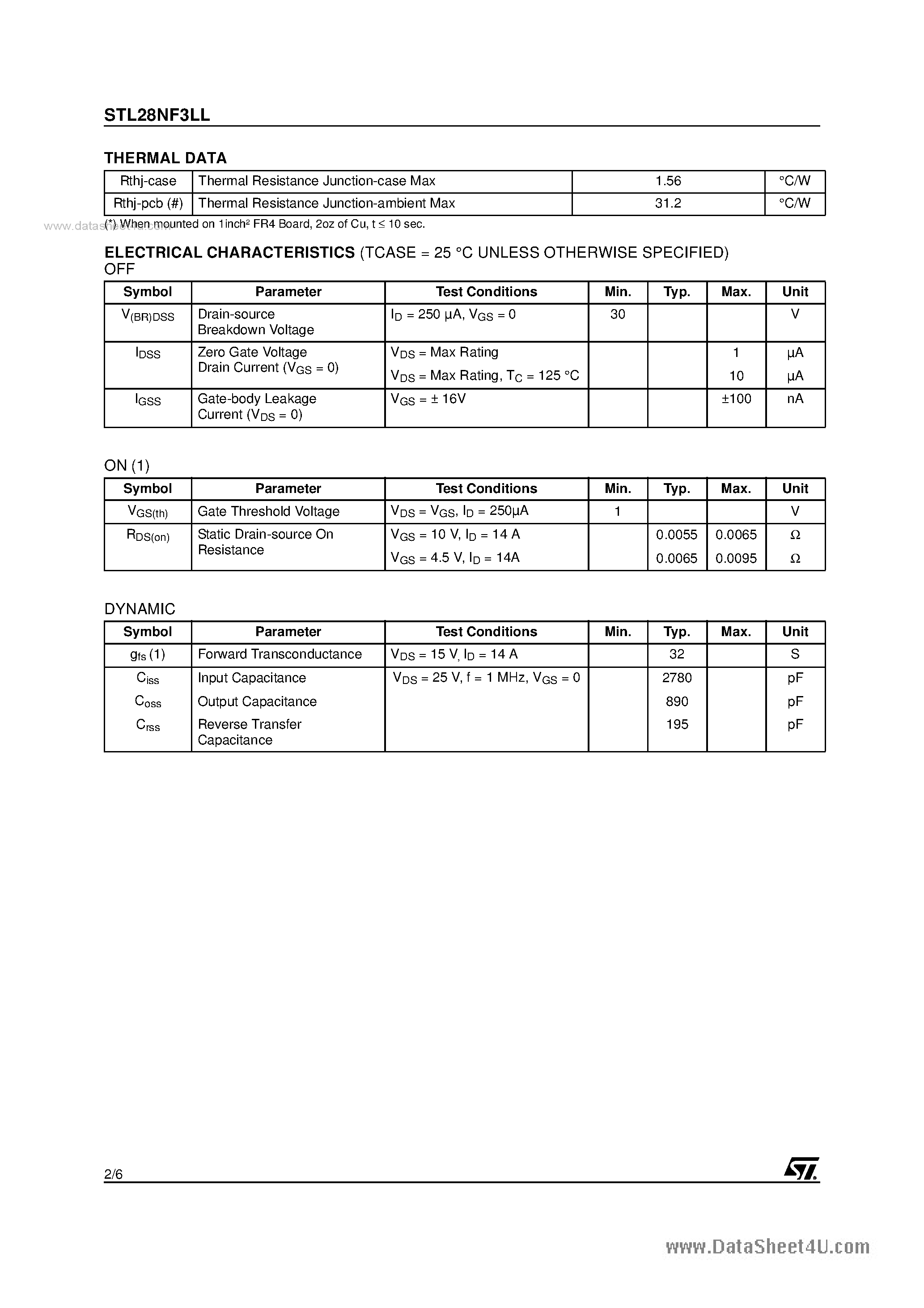 Datasheet STL28NF3LL - N-CHANNEL MOSFET page 2