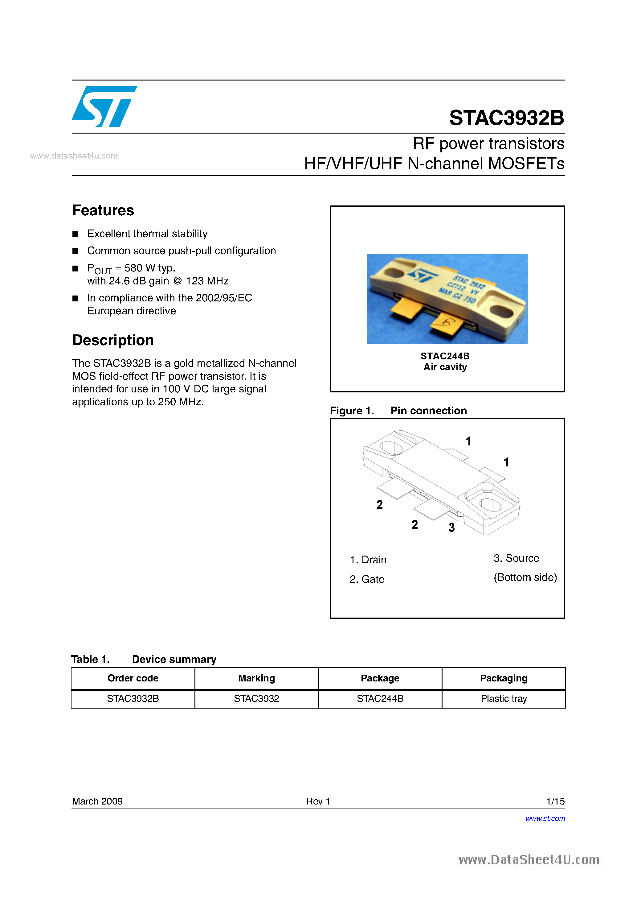 Datasheet STAC3932B - RF power transistors HF/VHF/UHF N-channel MOSFETs page 1