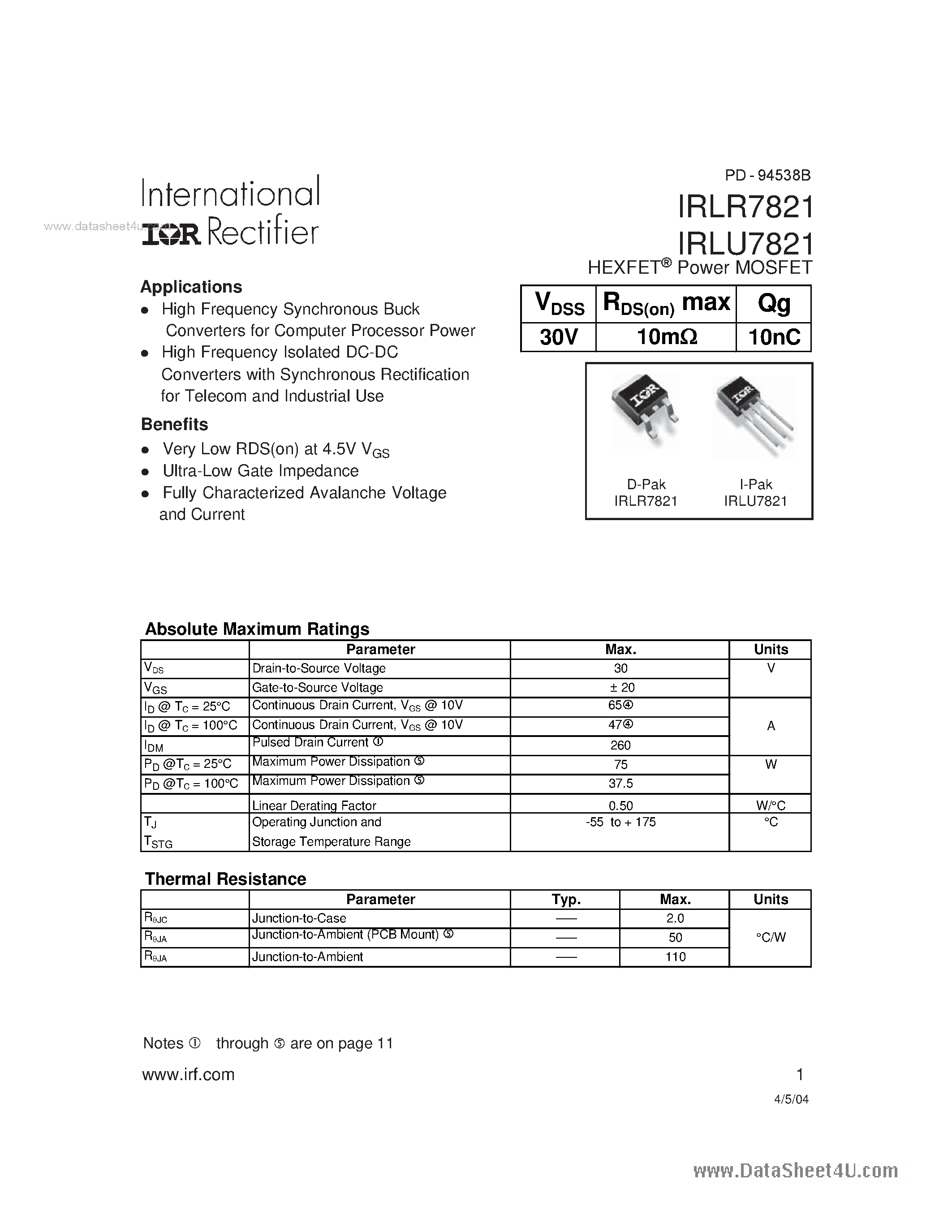 Datasheet LR7821 - Search -----> IRLR7821 page 1