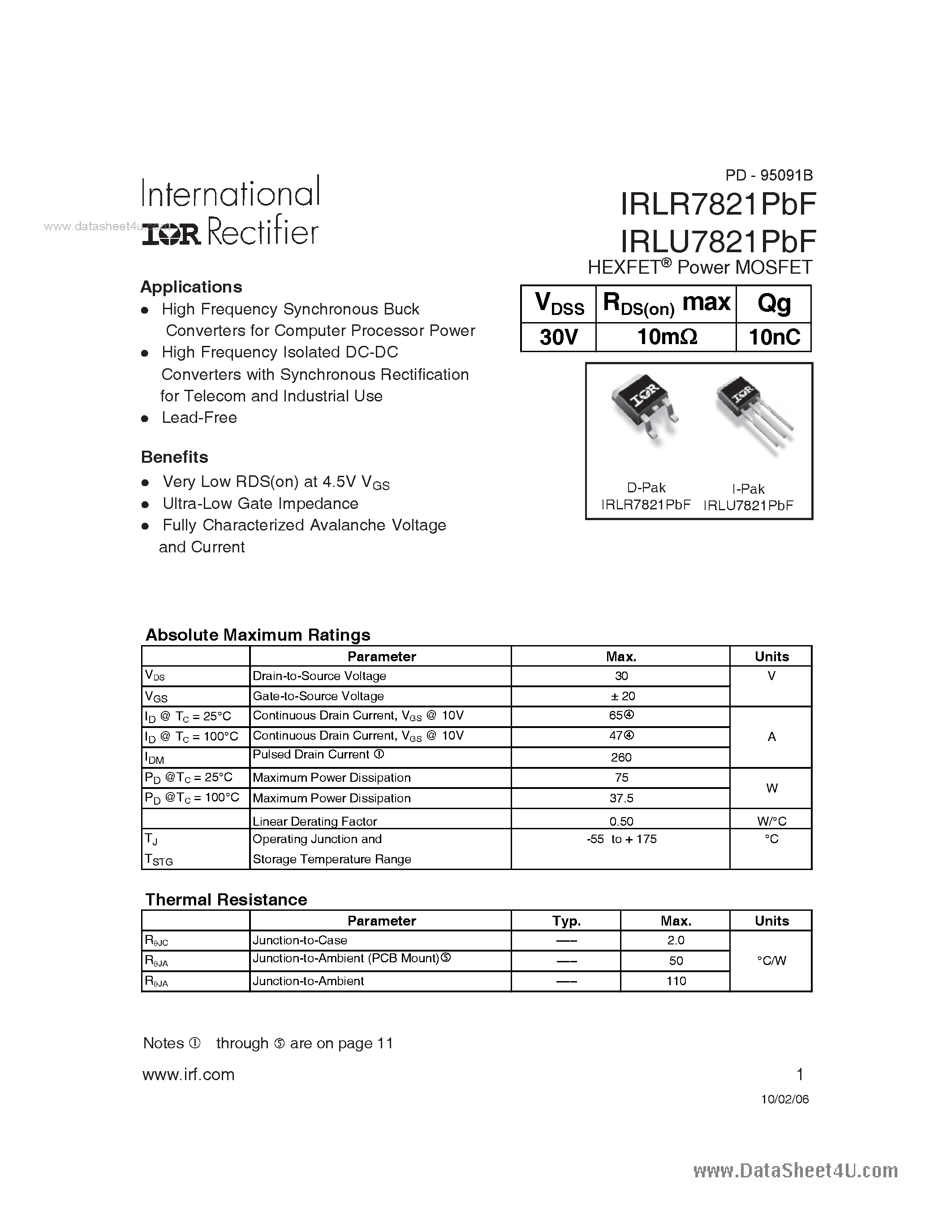 Даташит IRLR7821PBF - Power MOSFET страница 1