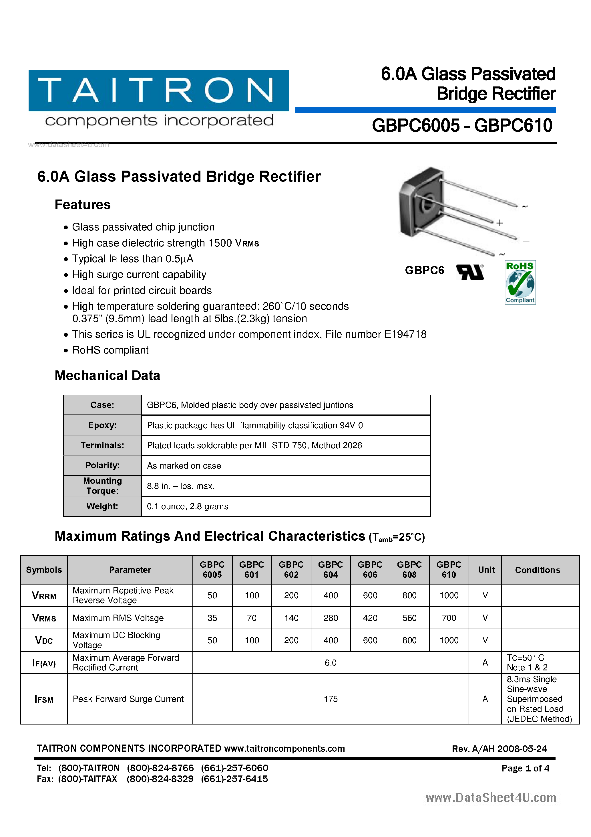 Datasheet GBPC6005 - (GBPC6005 - GBPC610) 6.0A Glass Passivated Bridge Rectifier page 1