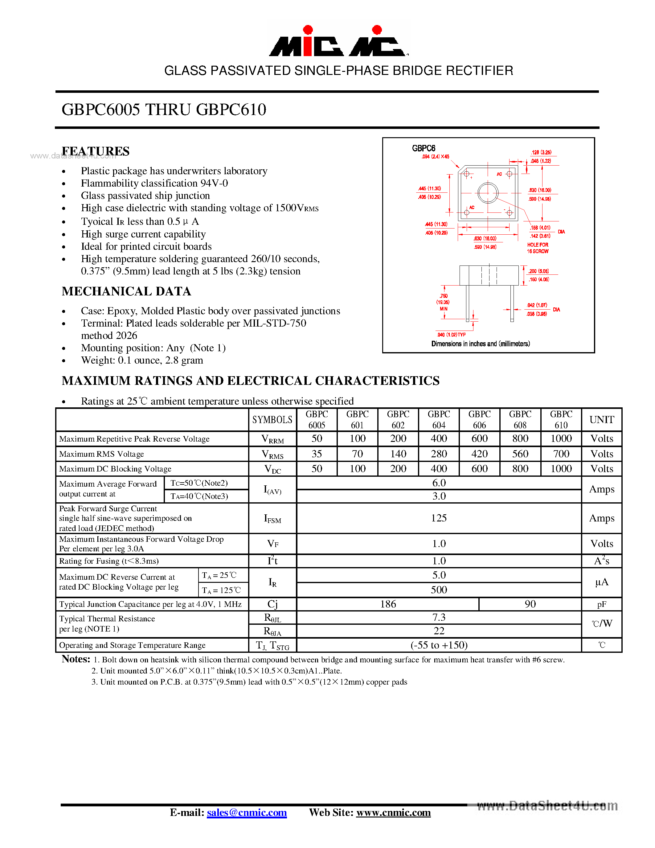 Datasheet GBPC6005 page 1 Datasheet GBPC6005 - (GBPC6005 - GBPC610) GLASS PASSIVATED SINGLE-PHASE BRIDGE RECTIFIER page 1