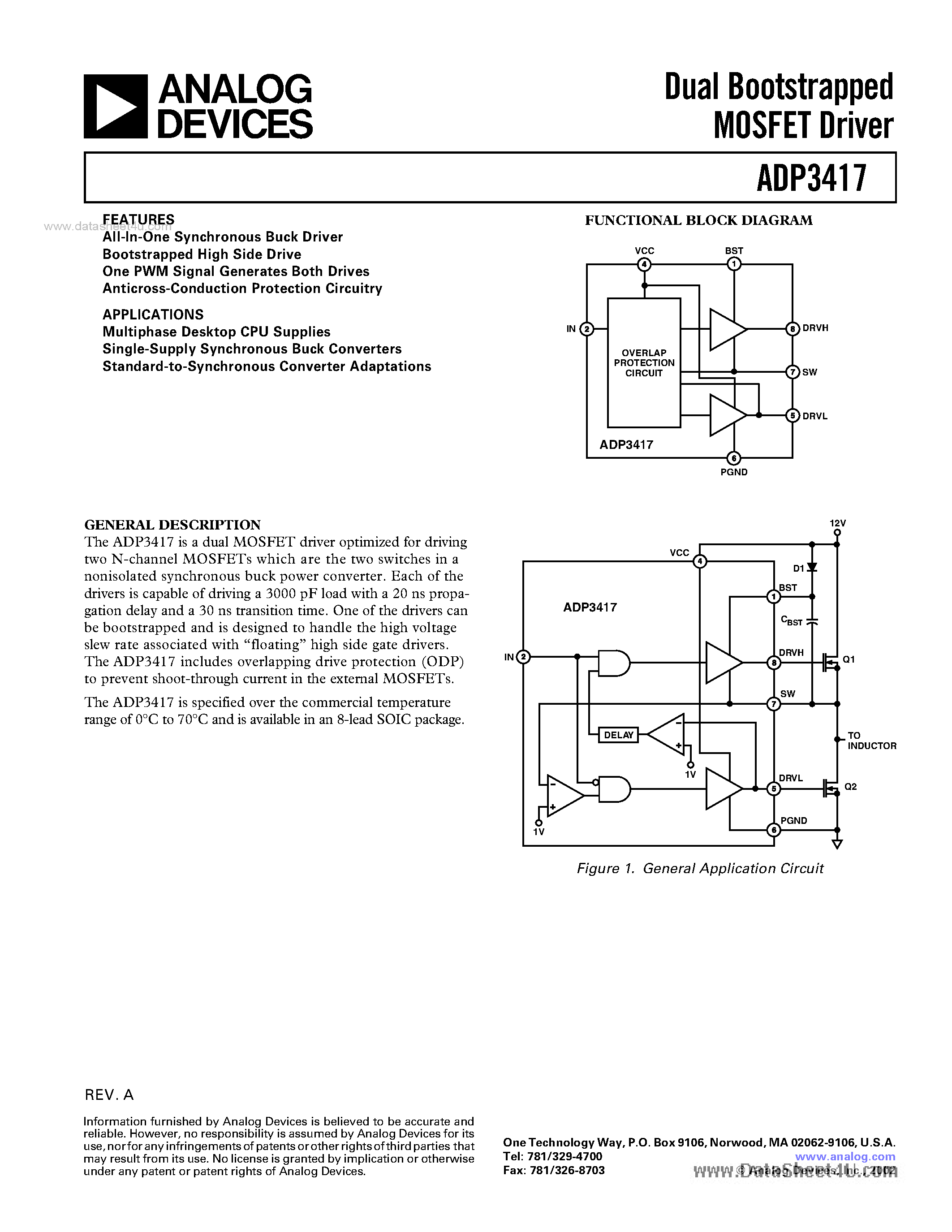Даташит на микросхему ADP3417 страница 1 Даташит ADP3417 - Dual Bootstrapped MOSFET Driver страница 1