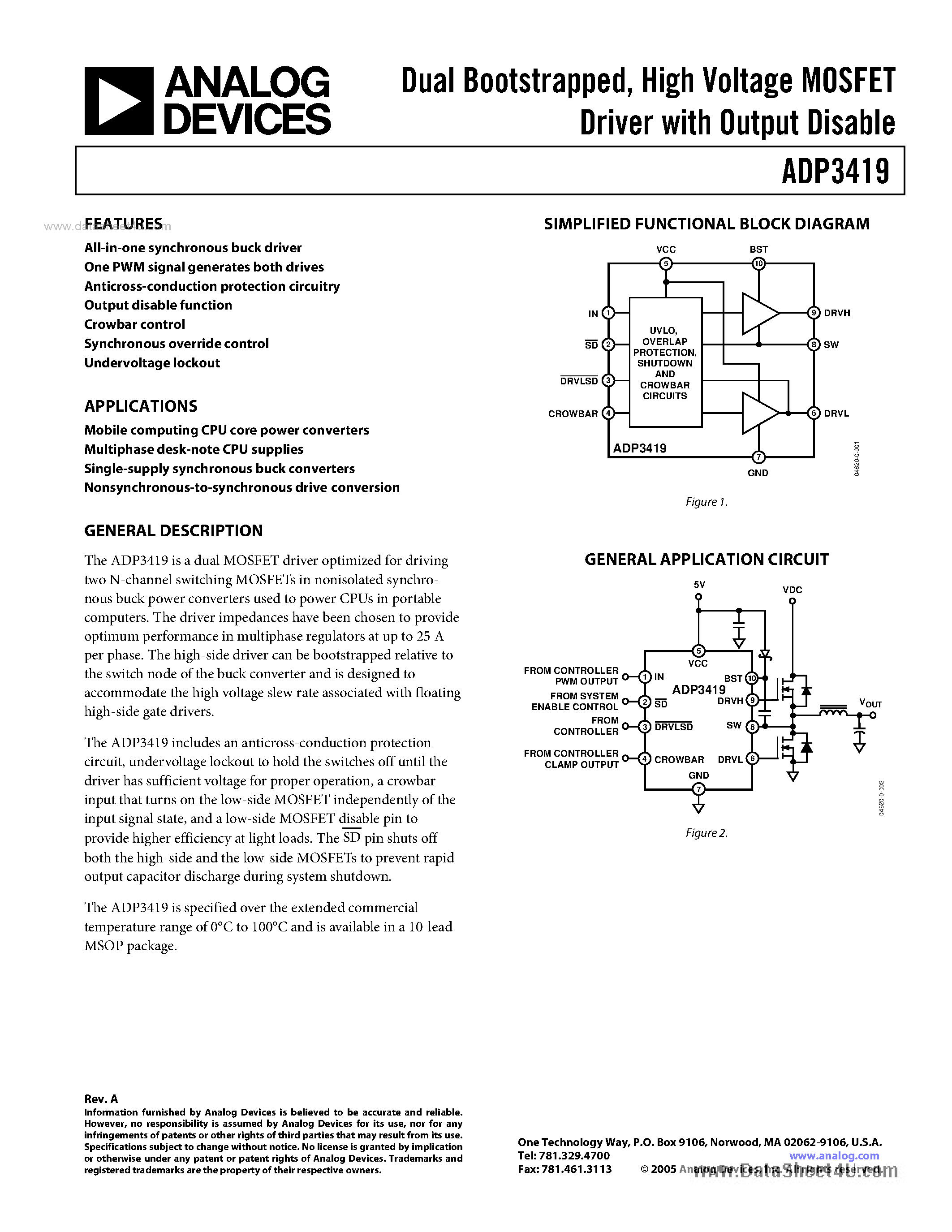 Даташит ADP3419 - High Voltage MOSFET Driver страница 1