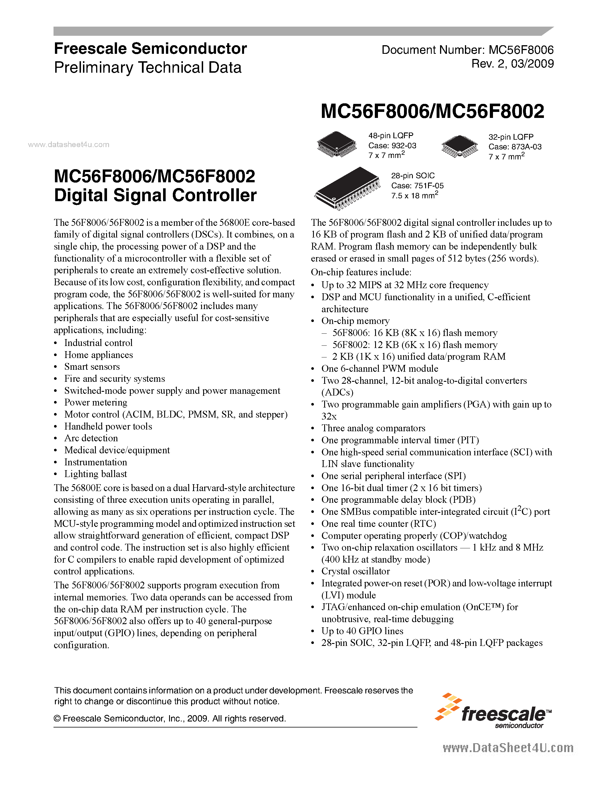 Datasheet MC56F8002 page 1 Datasheet MC56F8002 - (MC56F8002 / MC56F8006) Digital Signal Controller page 1