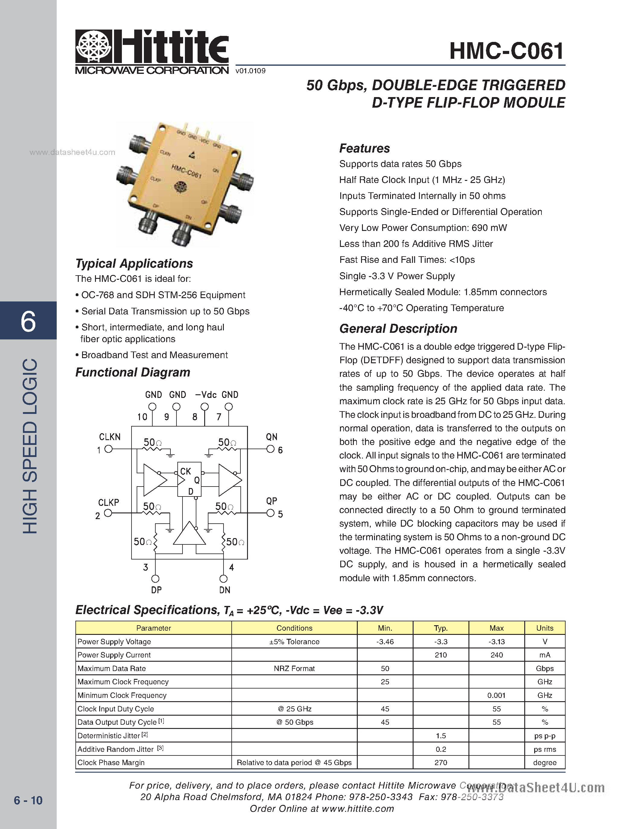 Даташит HMC-C061 - Double Edge Triggered D-Type Flip-Flop Module страница 1