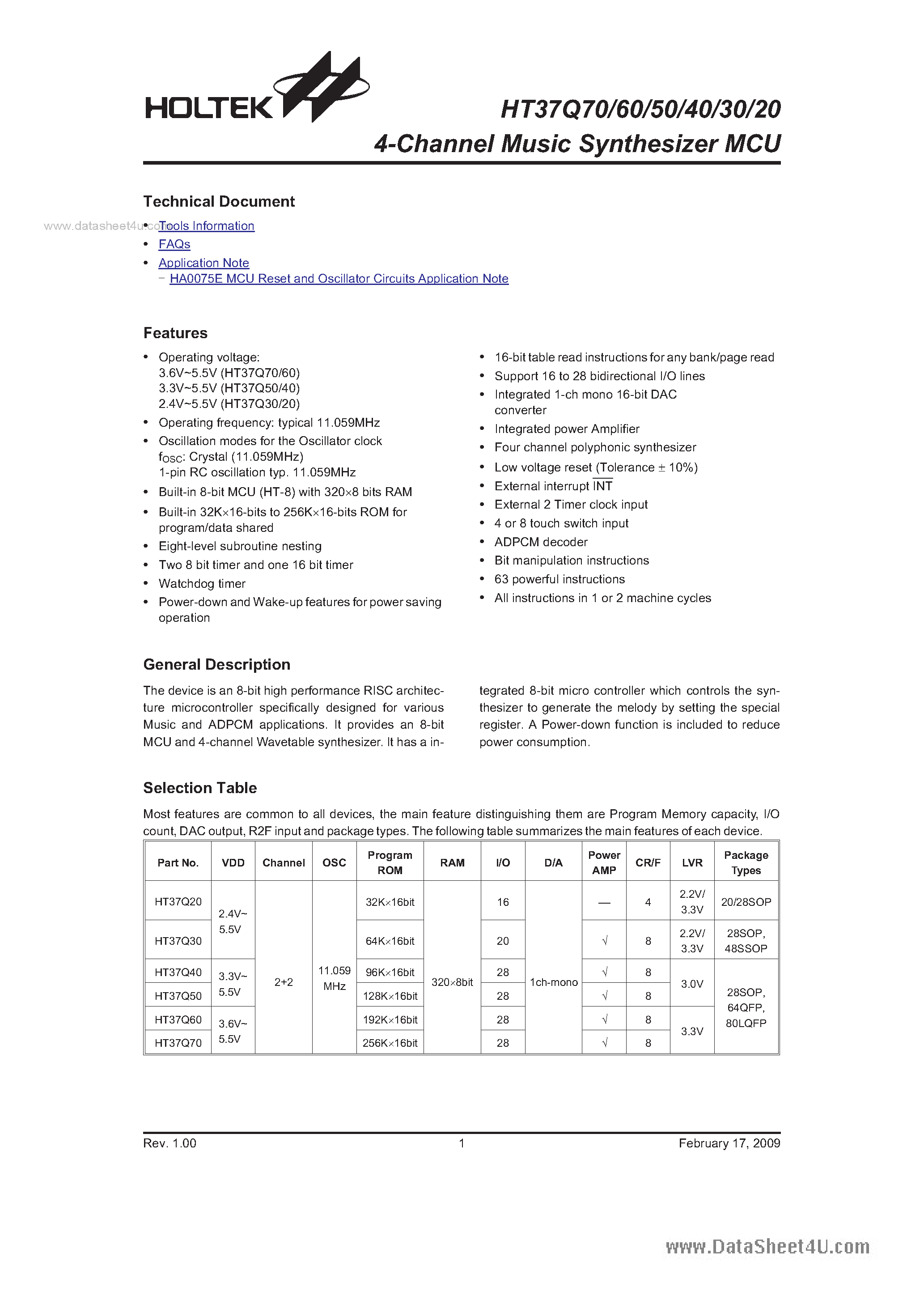 Даташит HT37Q20 - (HT37Q20 - HT37Q70) 4-Channel Music Synthesizer MCU страница 1