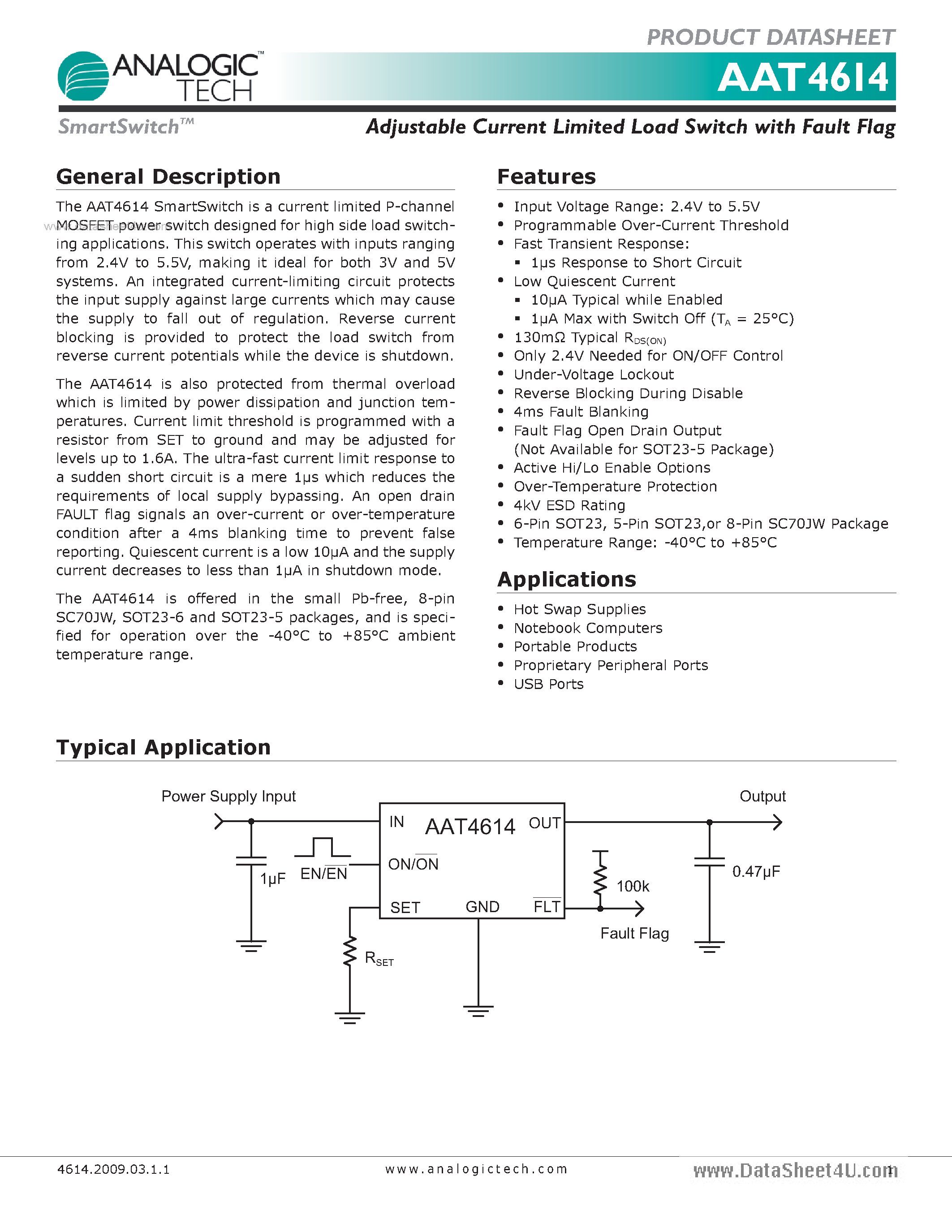 Datasheet AAT4614 - Adjustable Current Limited Load Switch page 1