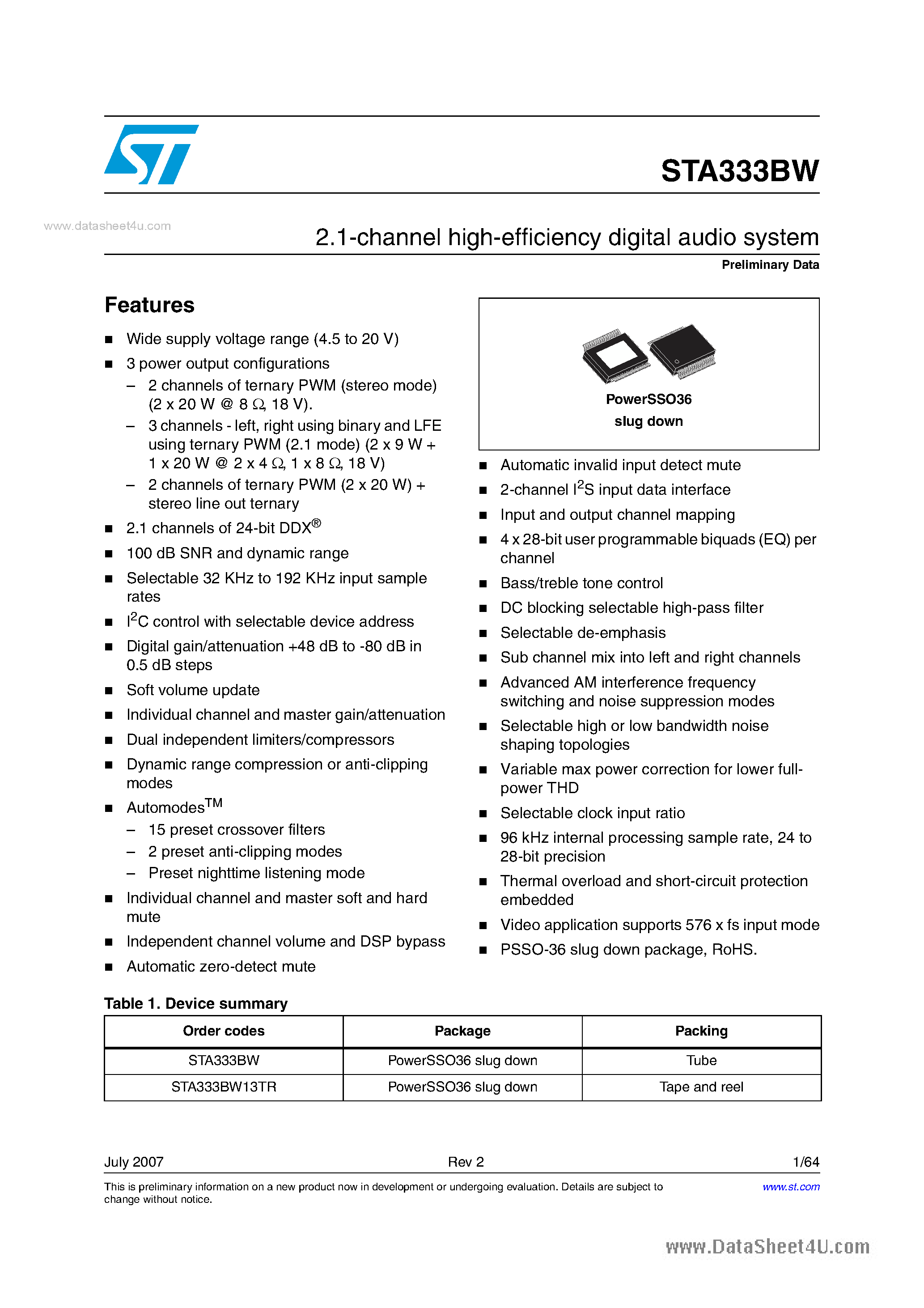 Datasheet STA333BW page 1 Datasheet STA333BW - 2.1-channel high-efficiency digital audio system page 1