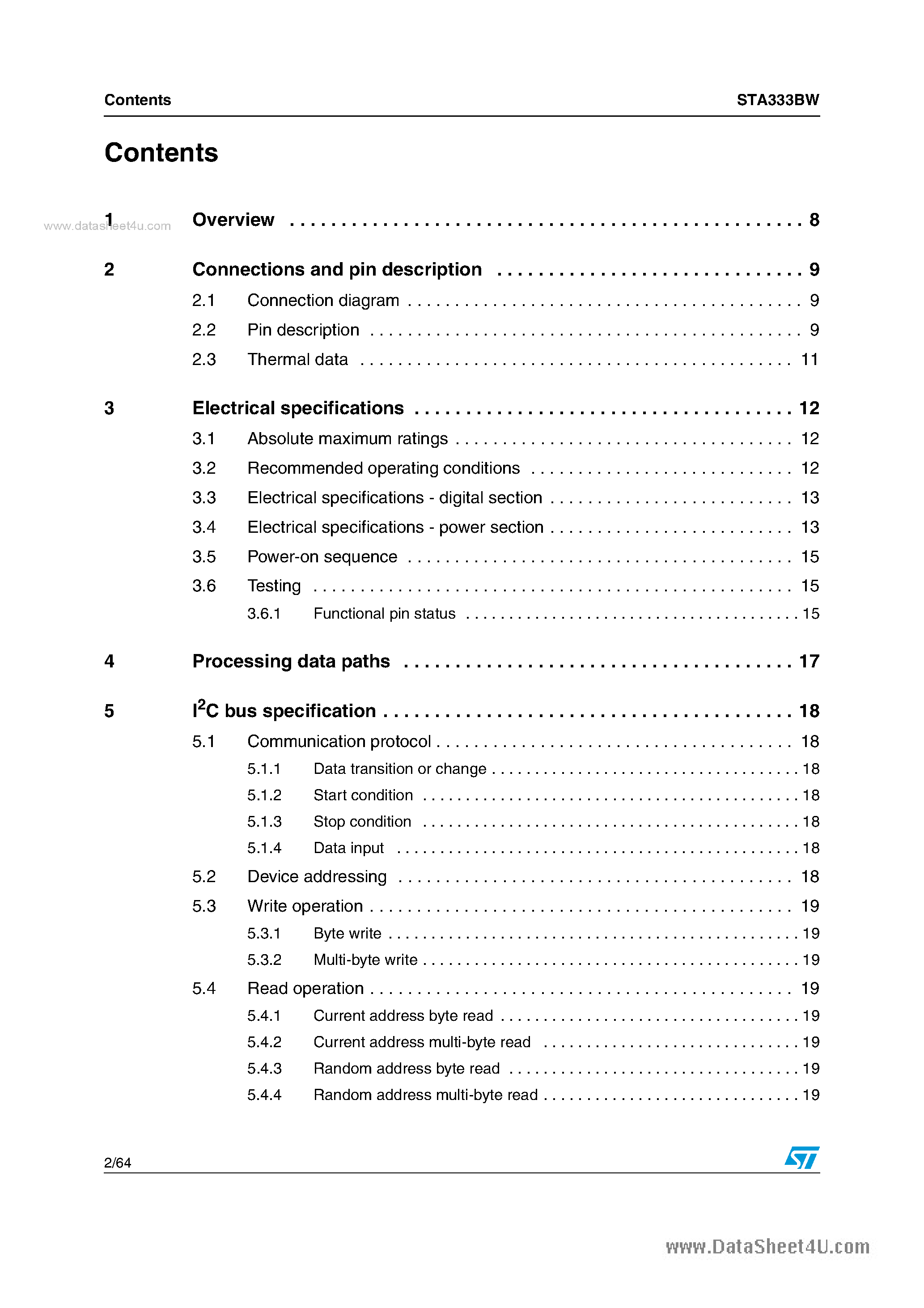 Datasheet STA333BW page 2 Datasheet STA333BW - 2.1-channel high-efficiency digital audio system page 2