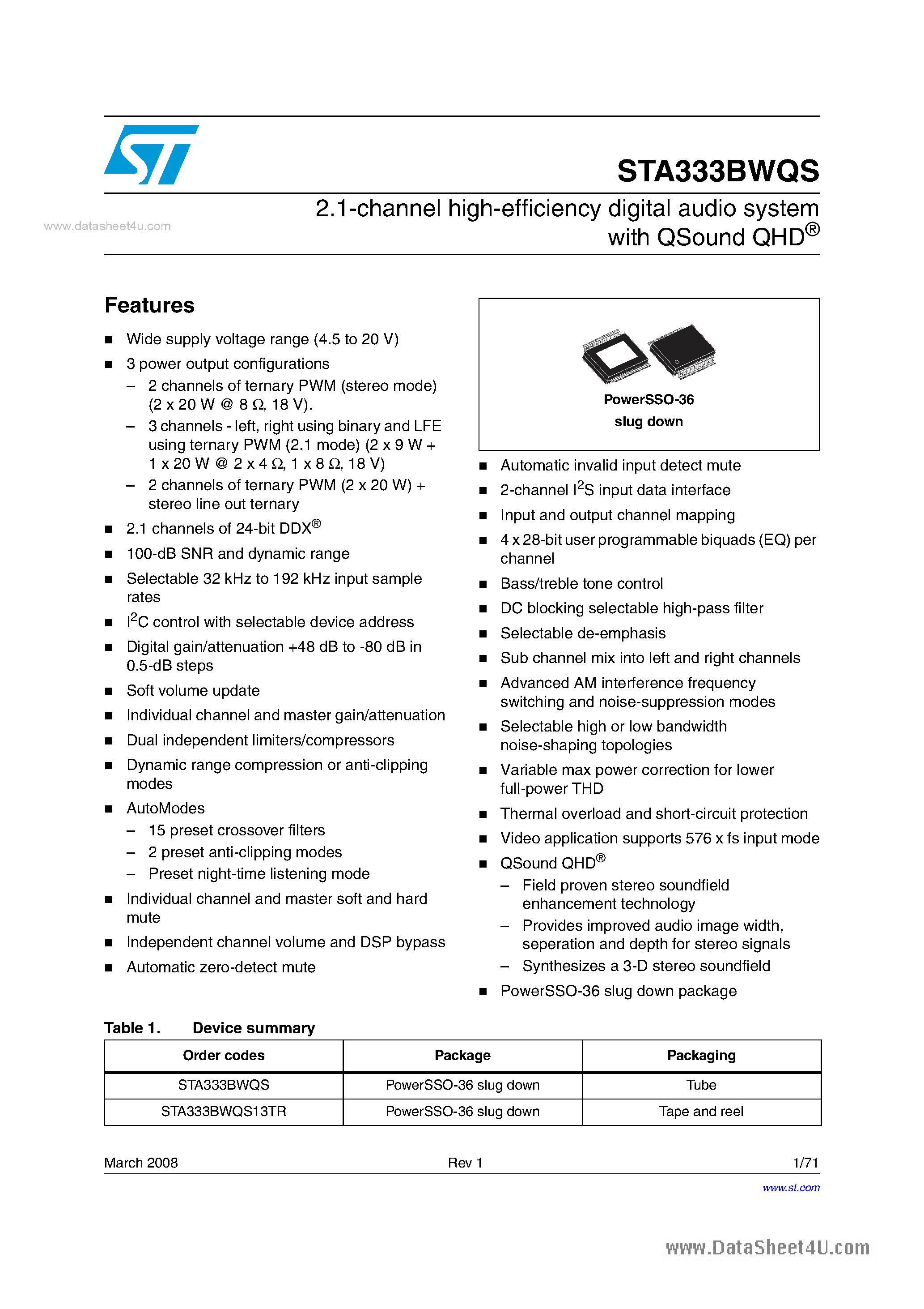 Datasheet STA333BWQS page 1 Datasheet STA333BWQS - 2.1-channel high-efficiency digital audio system page 1
