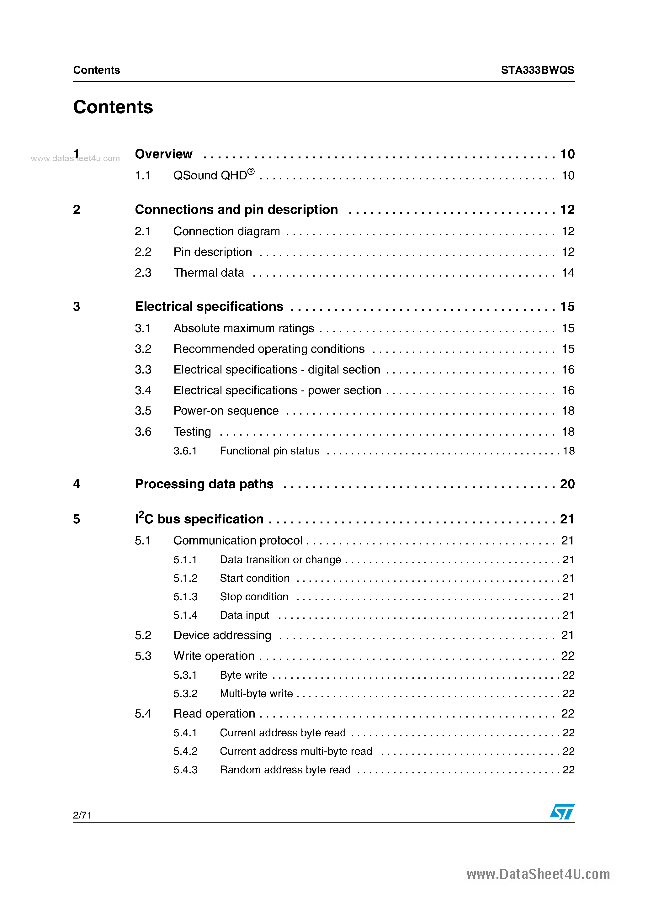 Datasheet STA333BWQS page 2 Datasheet STA333BWQS - 2.1-channel high-efficiency digital audio system page 2