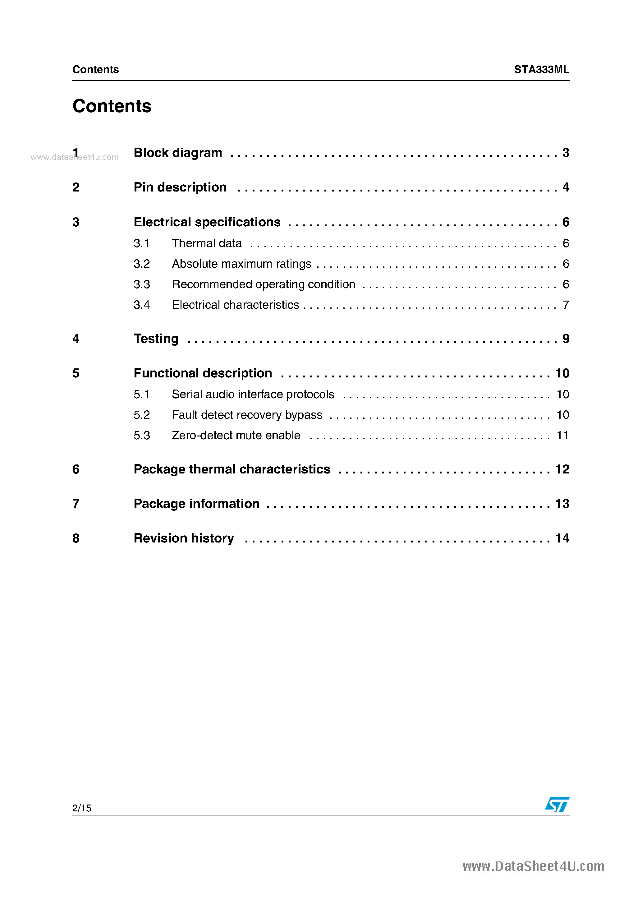 Datasheet STA333ML page 2 Datasheet STA333ML - Sound Terminal TM 2 channel microless high efficiency digital audio system page 2