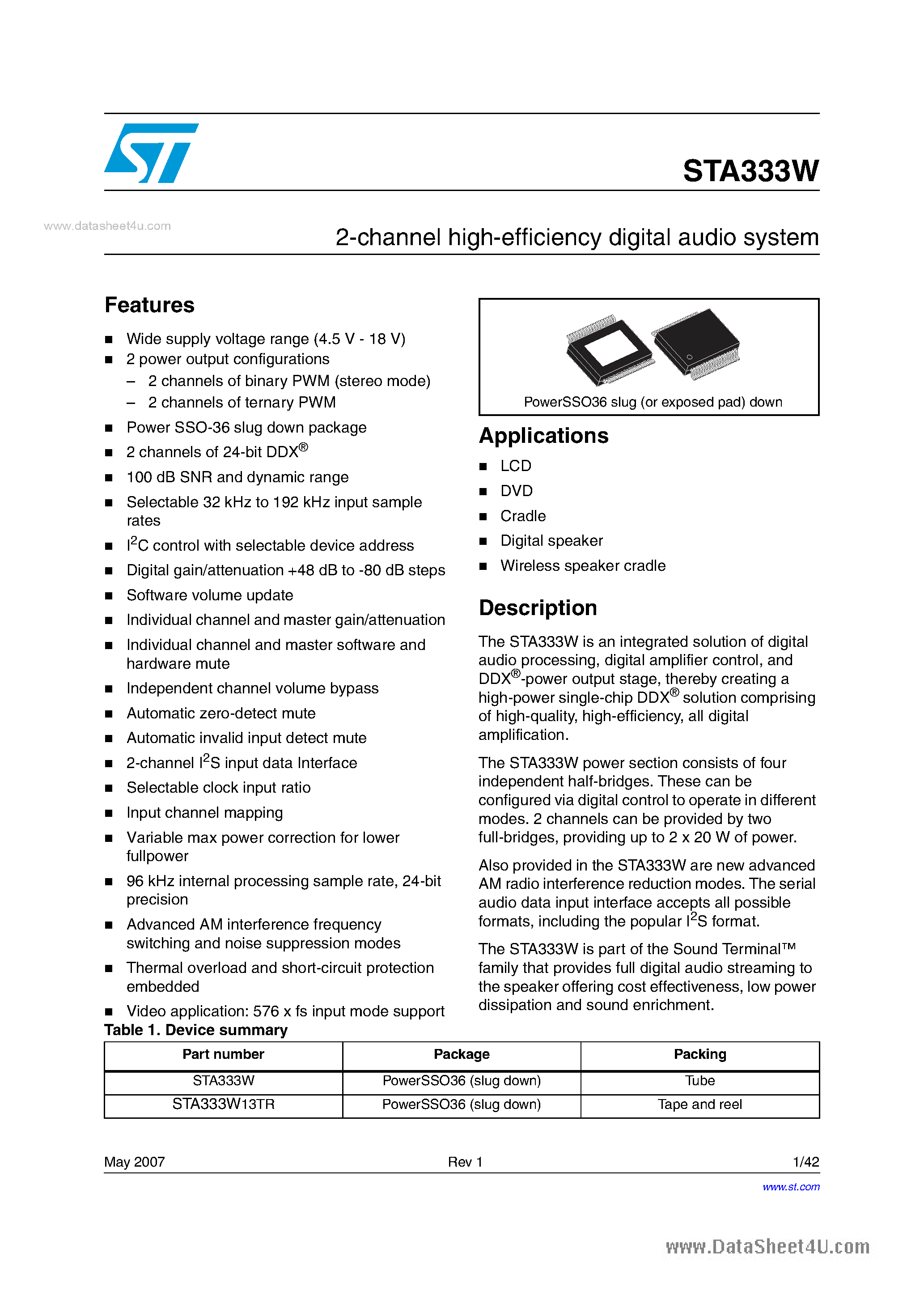 Datasheet STA333W - 2-channel high-efficiency digital audio system page 1