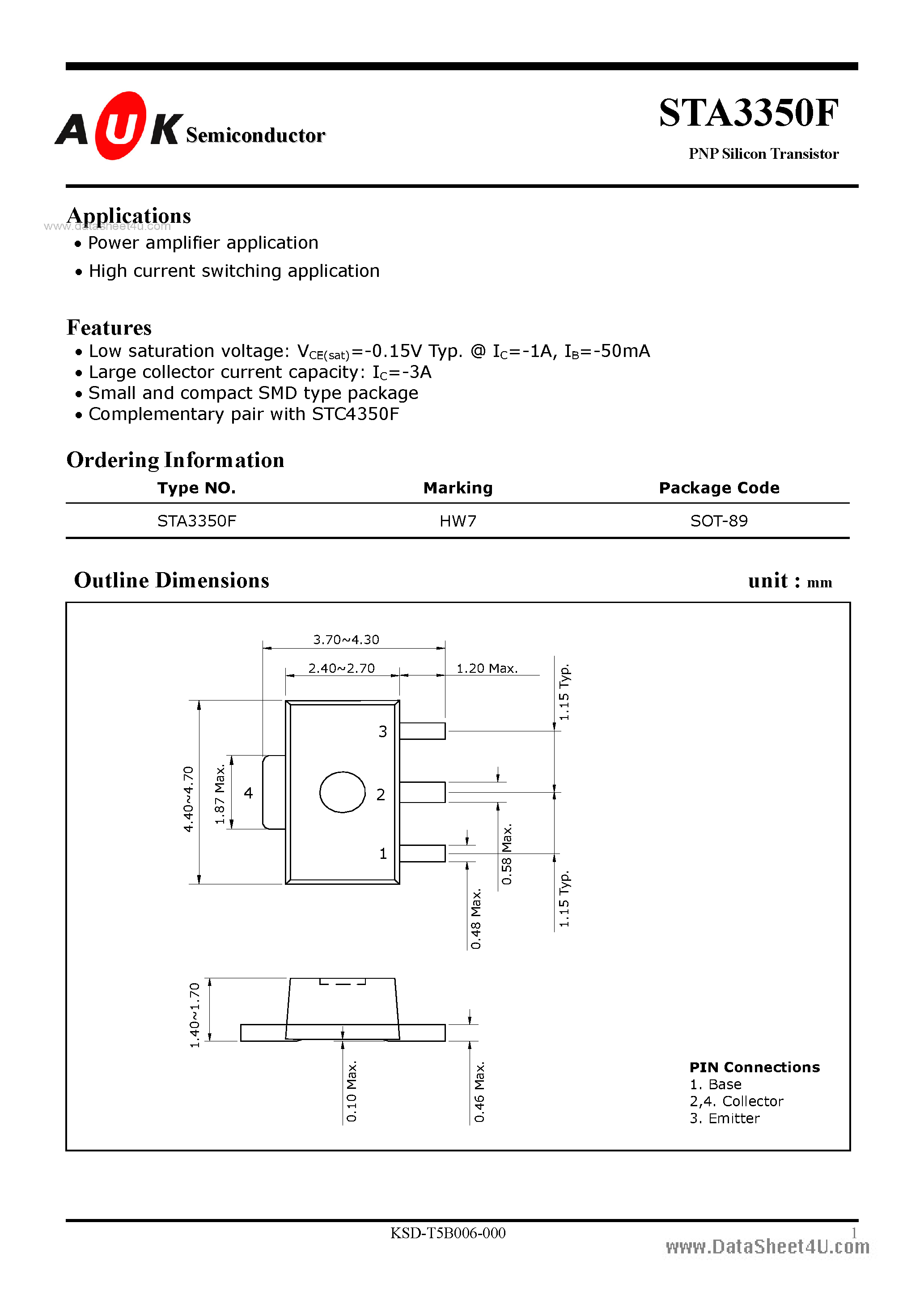Datasheet STA3350F page 1 Datasheet STA3350F - PNP Silicon Transistor page 1