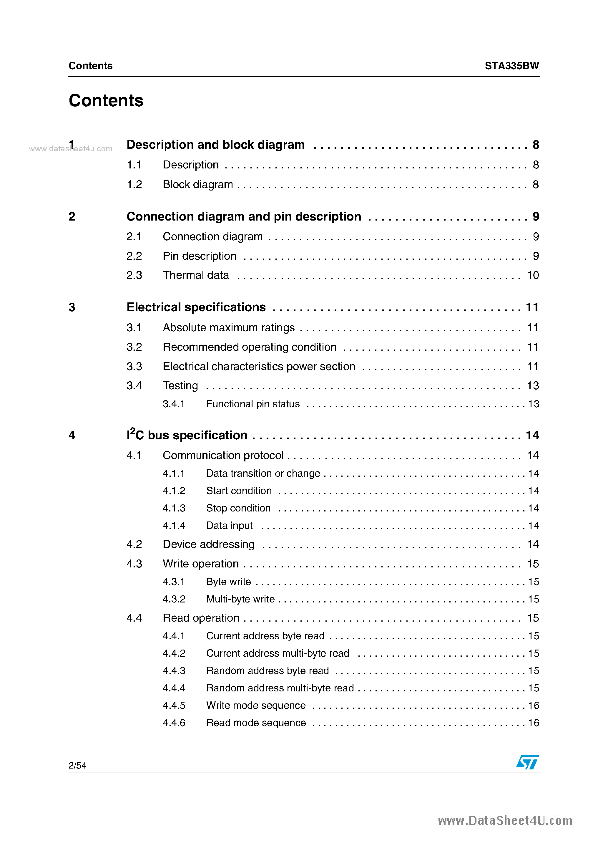 Даташит на микросхему STA335BW страница 2 Даташит STA335BW - 2.1 channels high efficiency digital audio system страница 2