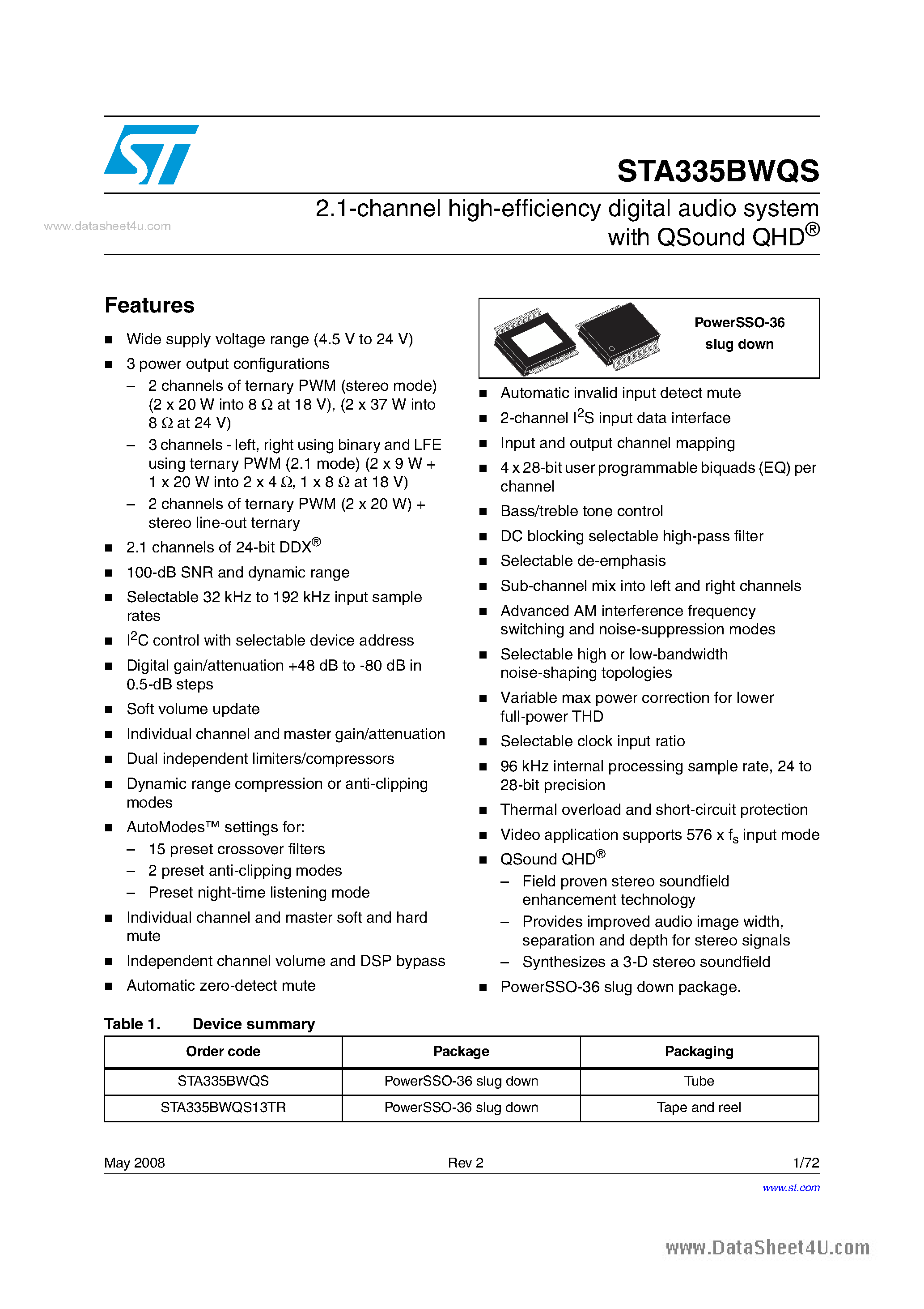 Datasheet STA335BWQS page 1 Datasheet STA335BWQS - 2.1-channel high-efficiency digital audio system page 1